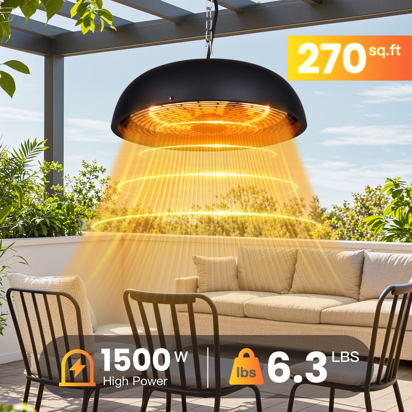 Outdoor patio heater with power and weight specifications on a patio setting