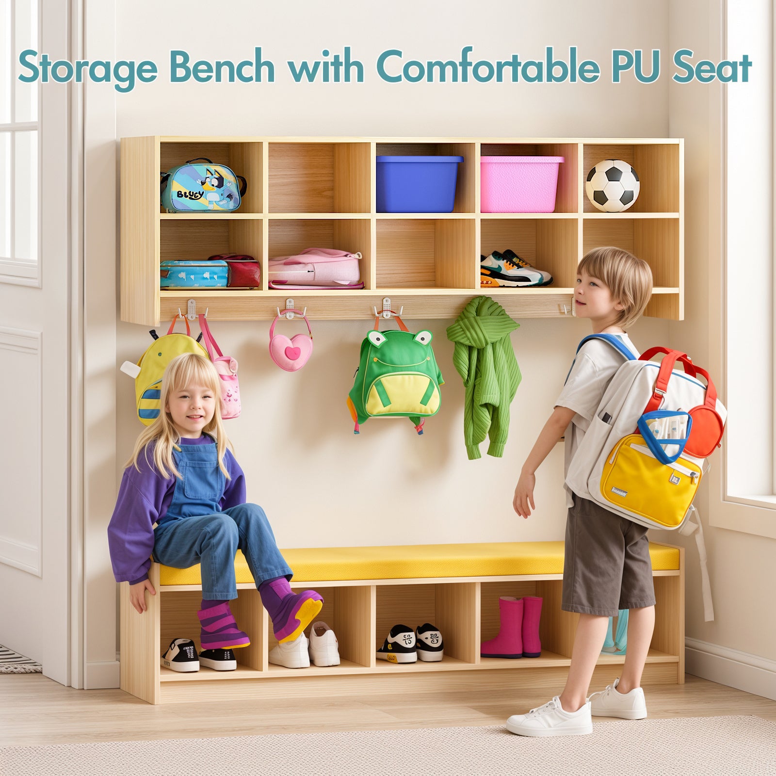 Advwin 10-Section Wall Cubbies w/Hooks & Bench