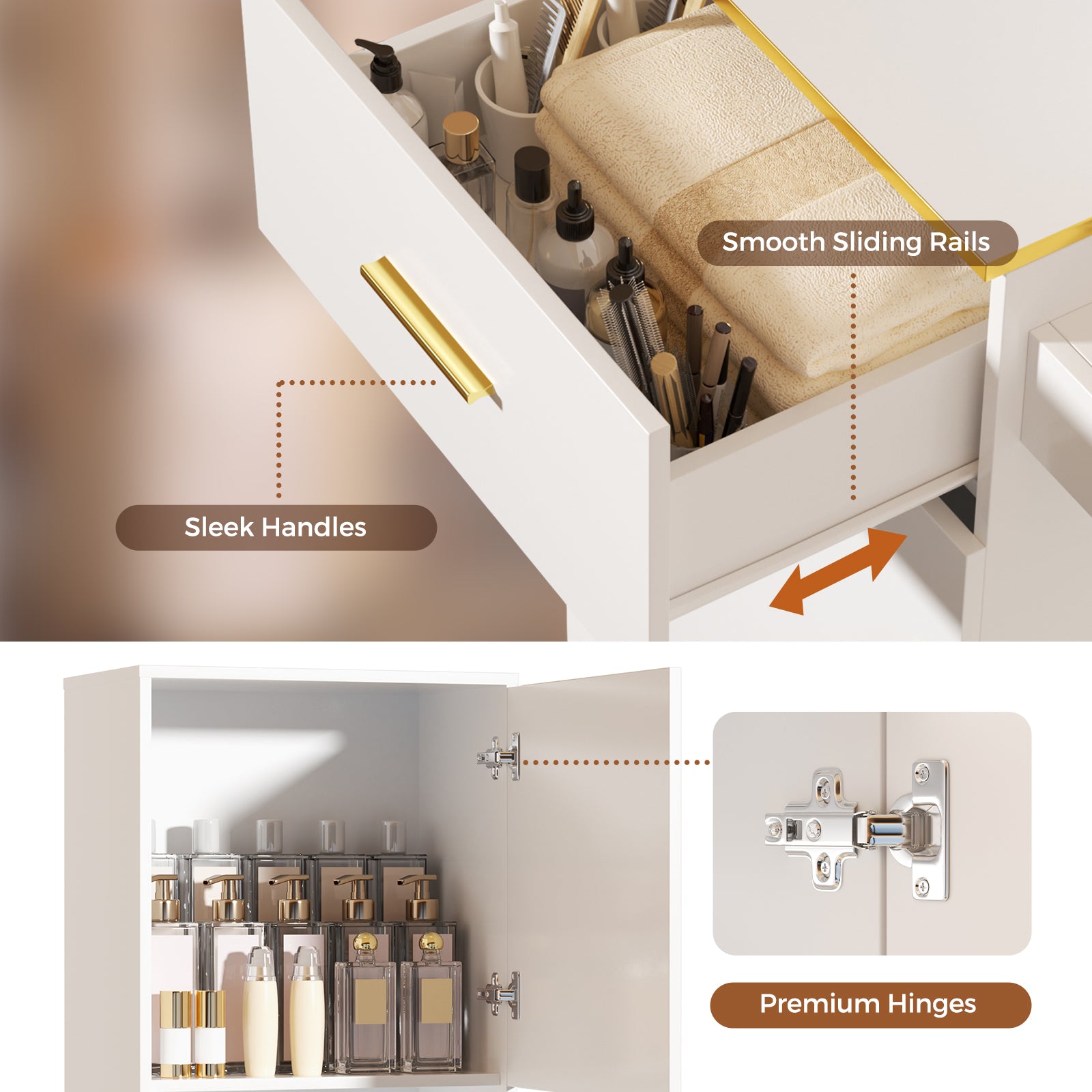 Bathroom cabinet with open drawers showing features like smooth sliding rails, sleek handles, and premium hinges.