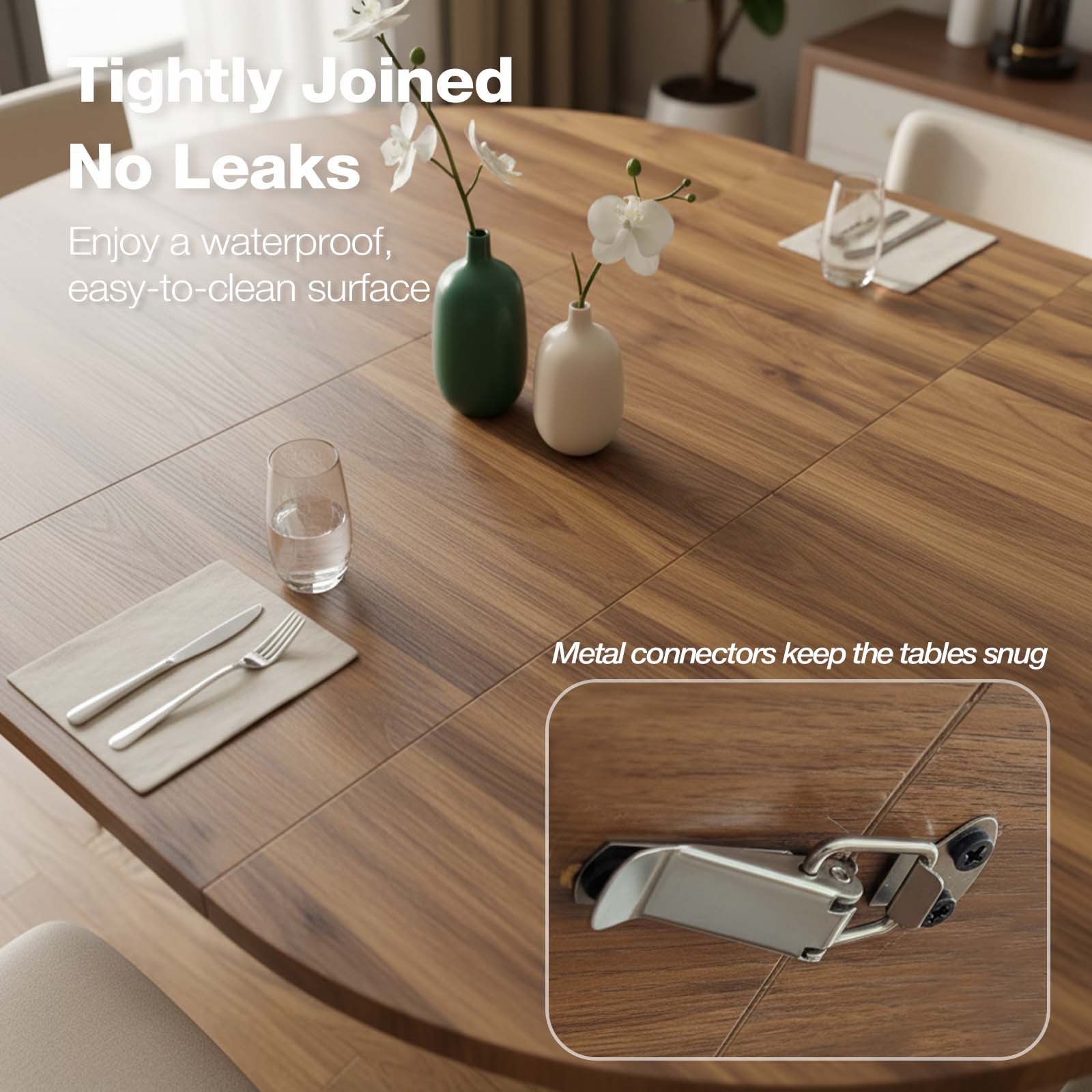 Wooden dining table with metal connectors and text about waterproof and easy-to-clean surface.