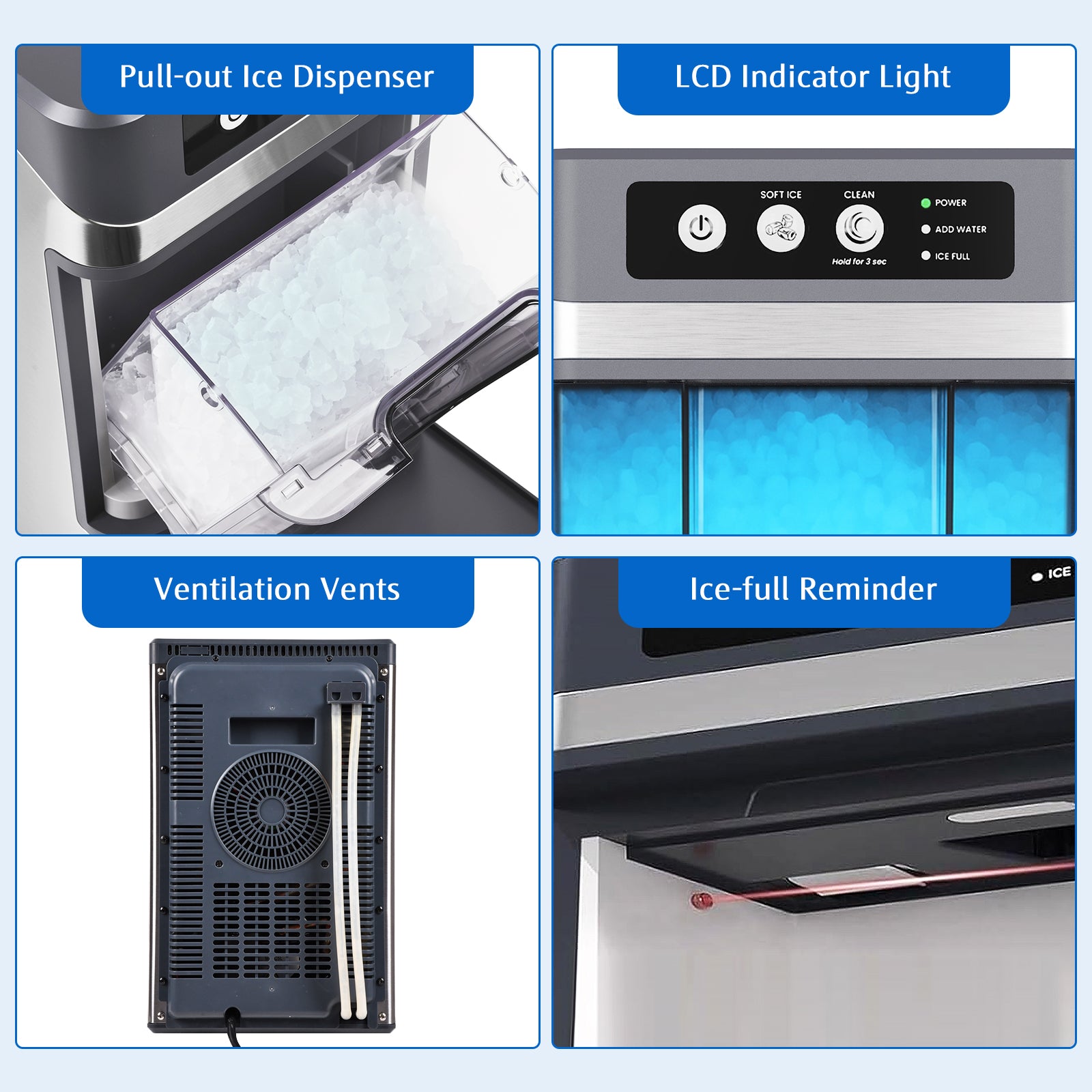 Features of an ice machine including pull-out ice dispenser, LCD indicator light, ventilation vents, and ice-full reminder.