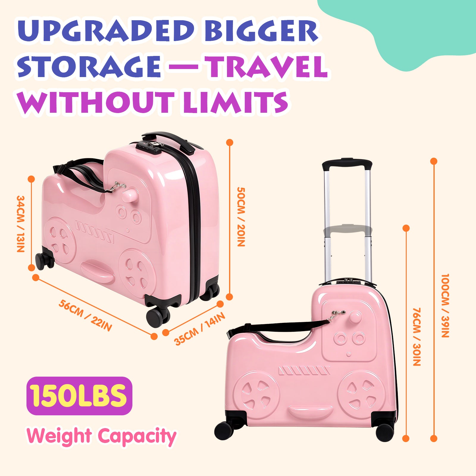 Pink suitcase with dimensions and weight capacity on a light background