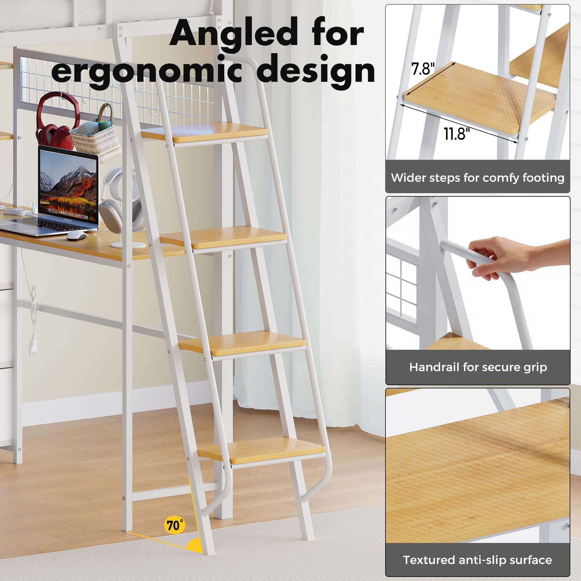 White and wooden step ladder with ergonomic design features, placed in a room setting.