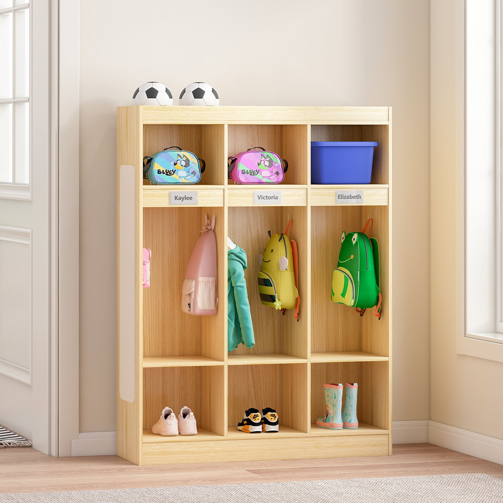 Wooden locker with various children's items including shoes, bags, and toys in a room.