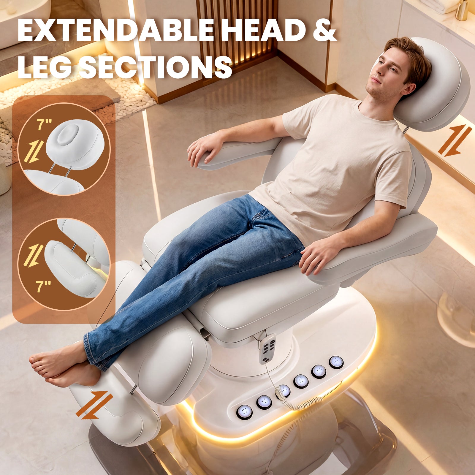 Person using an extendable head and leg massage chair with text highlighting features.