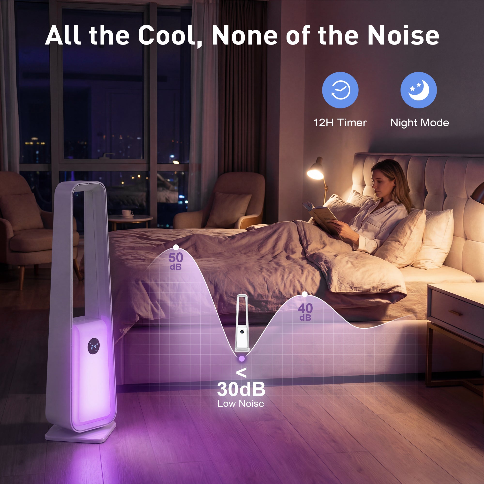 Air purifier in a bedroom with a woman reading, highlighting features like 12H timer and night mode.