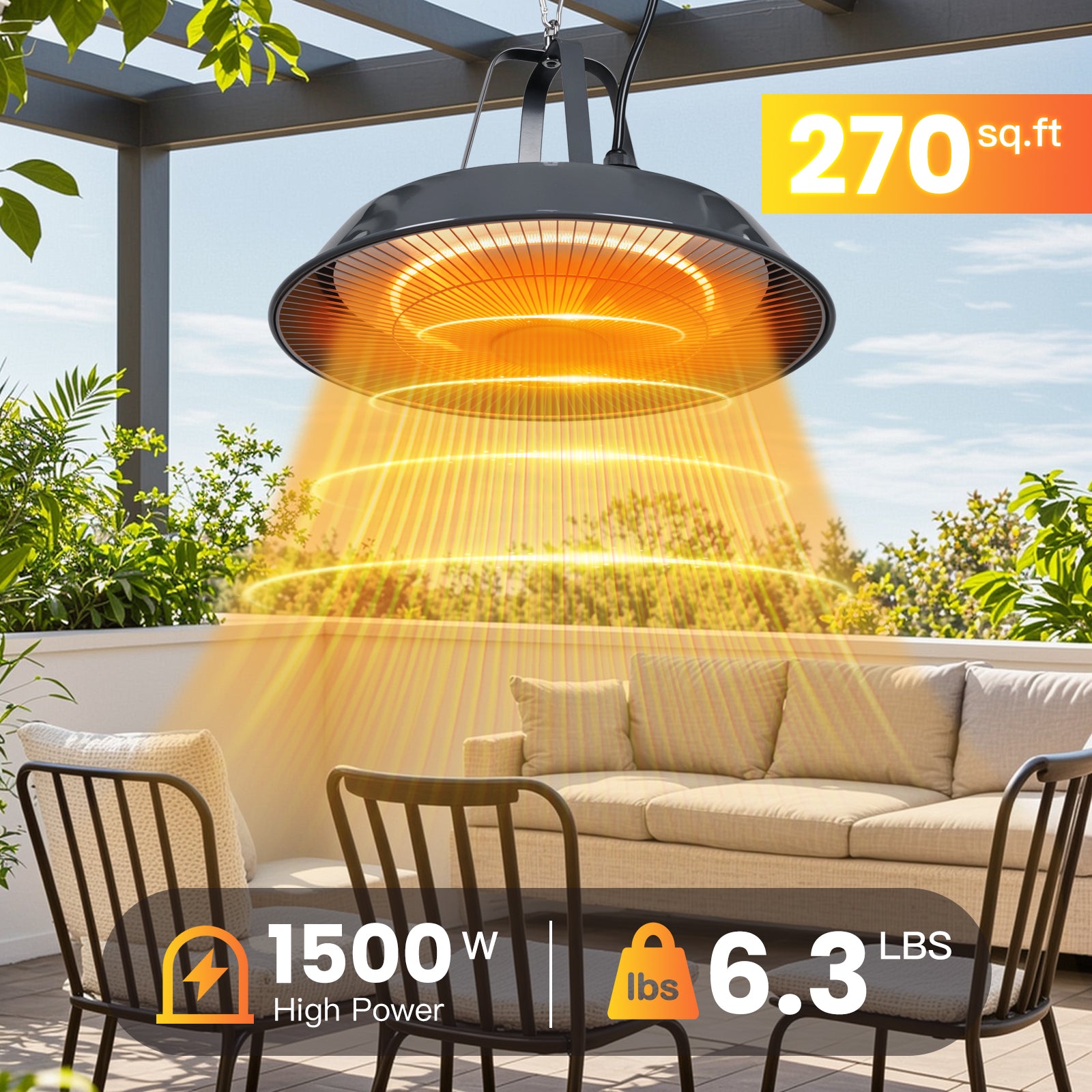Outdoor patio heater with power and weight specifications on a patio setting.