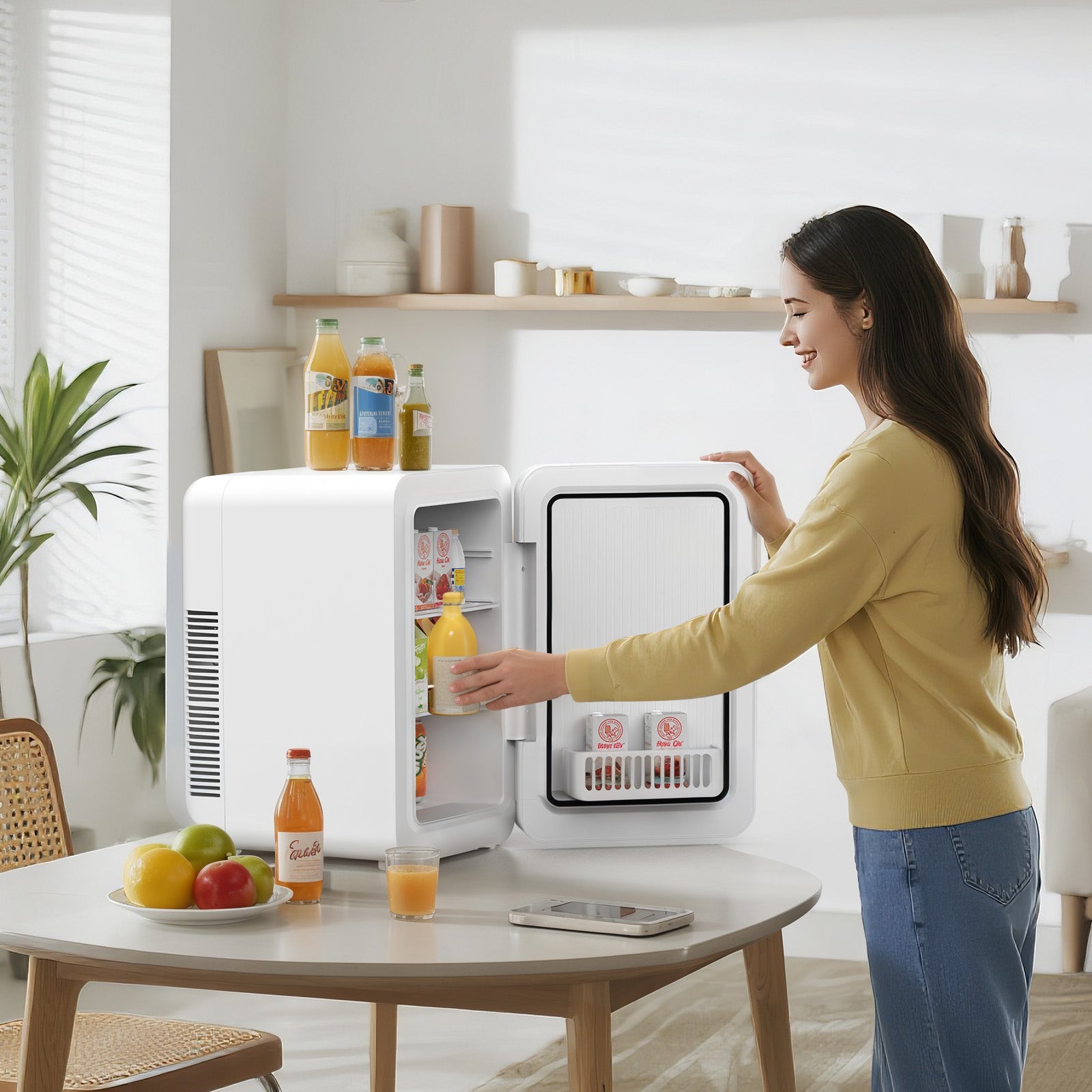 Woman opening a small refrigerator in a kitchen with drinks and snacks inside.