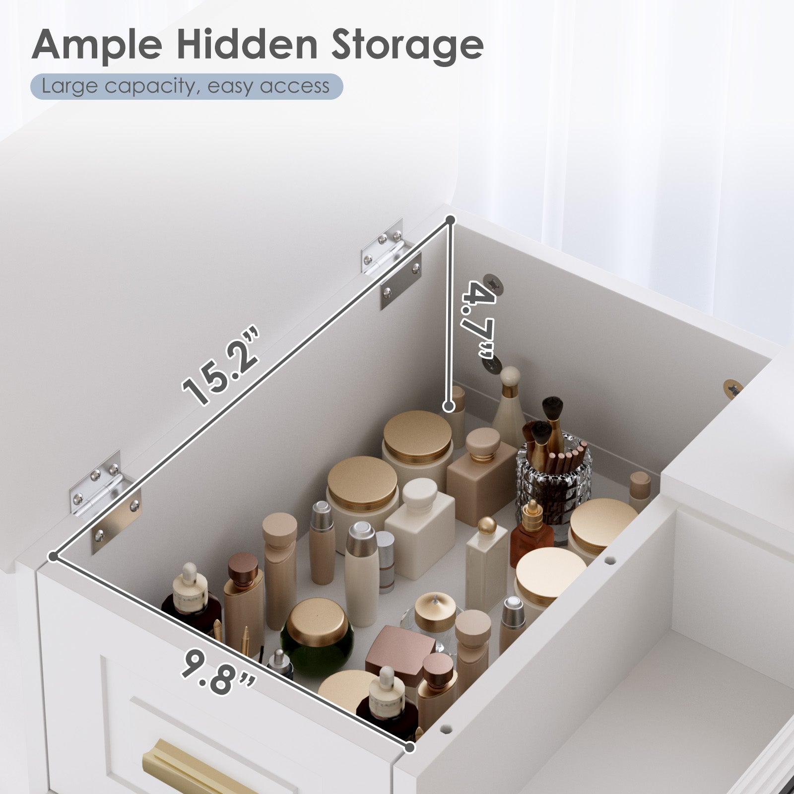 Storage compartment with cosmetic bottles labeled for dimensions and capacity.