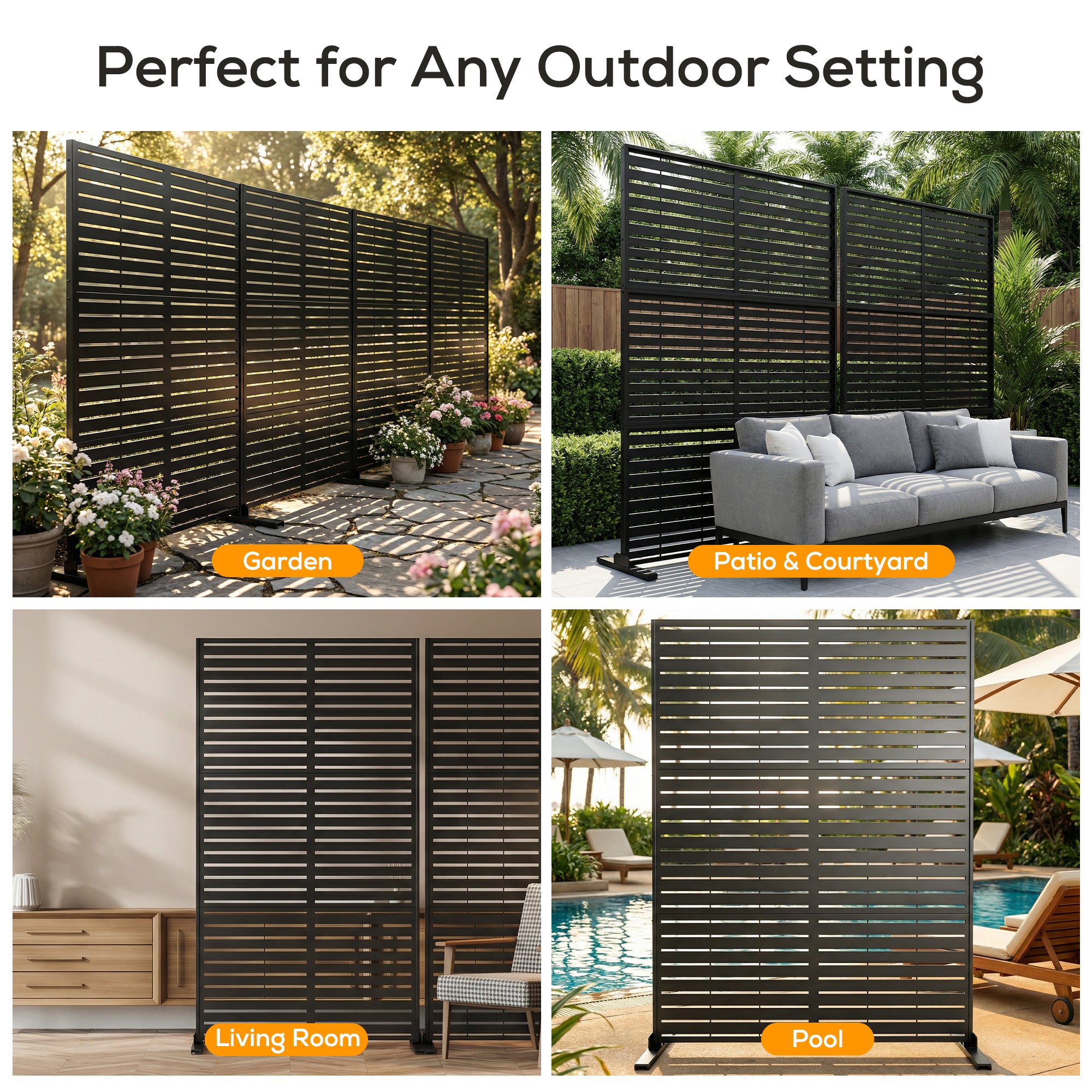 Black outdoor privacy screen used in various settings including garden, patio, living room, and pool area.