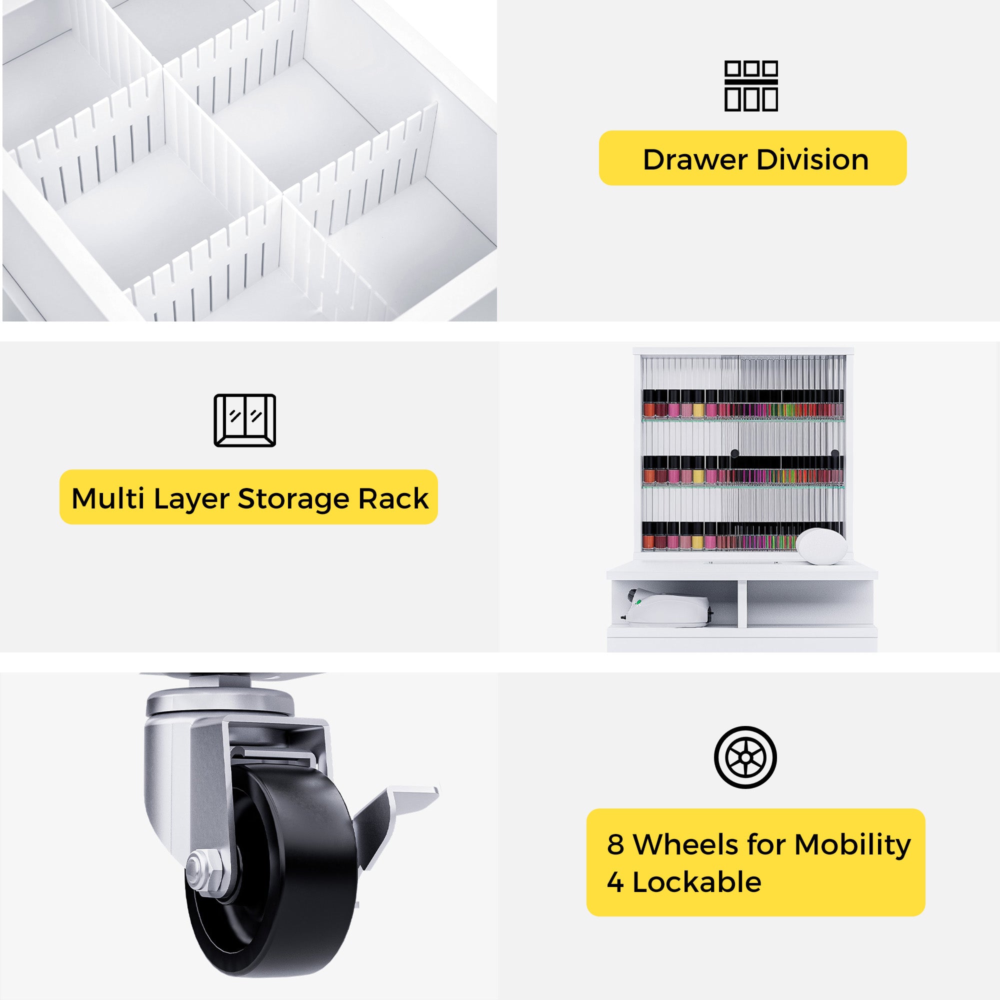 Advwin Nail Table with Glass Door Cabinets & Wheels
