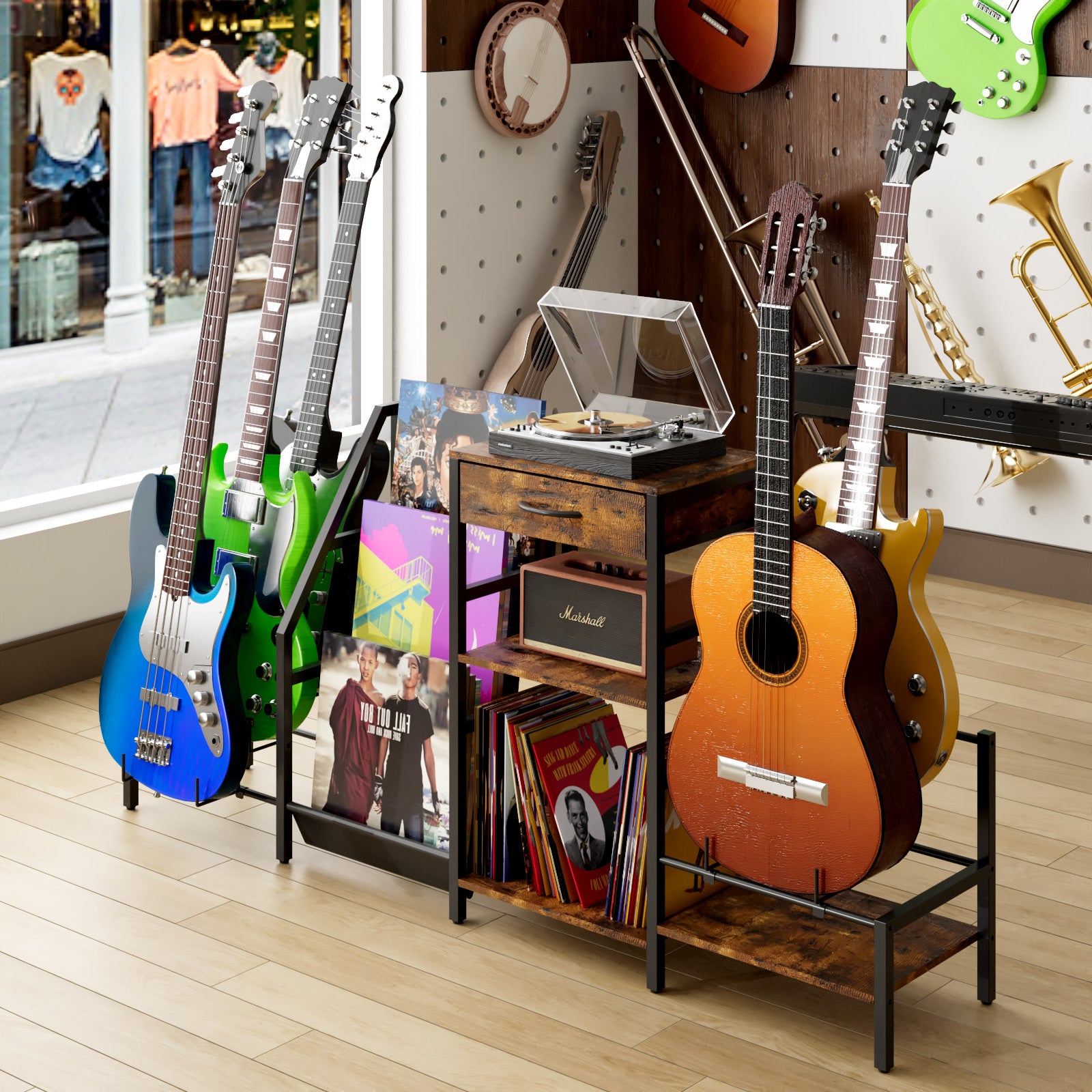 Guitars and a record player on display in a music store