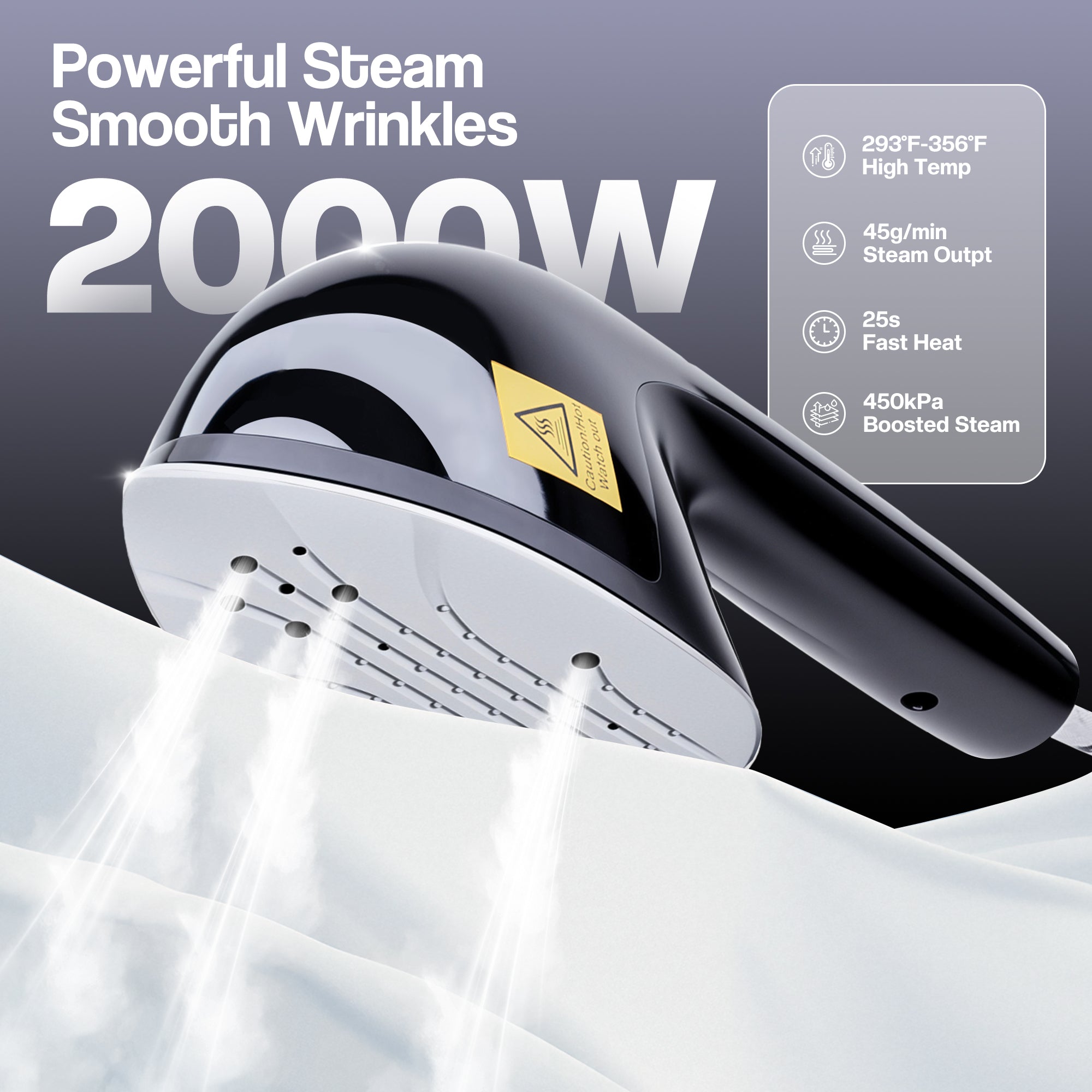 Steam iron with steam output and specifications on a dark background