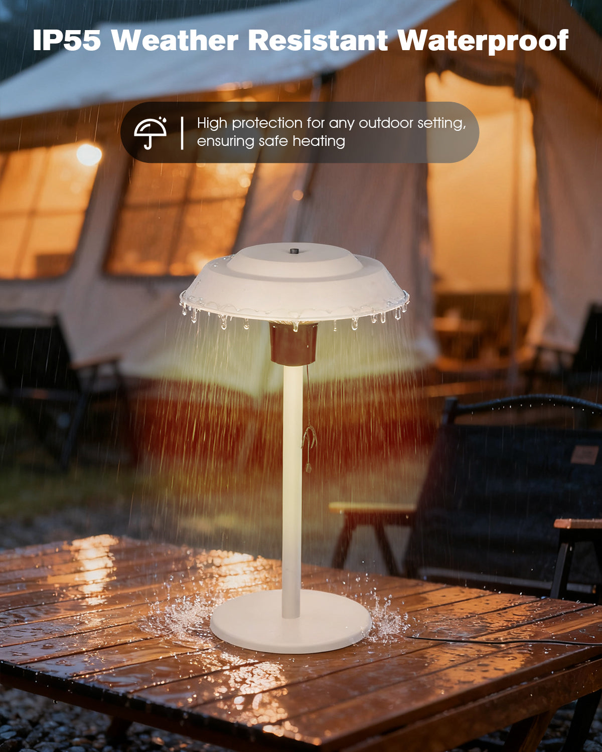 Outdoor shower head with rain simulation on a wooden table, tent in the background