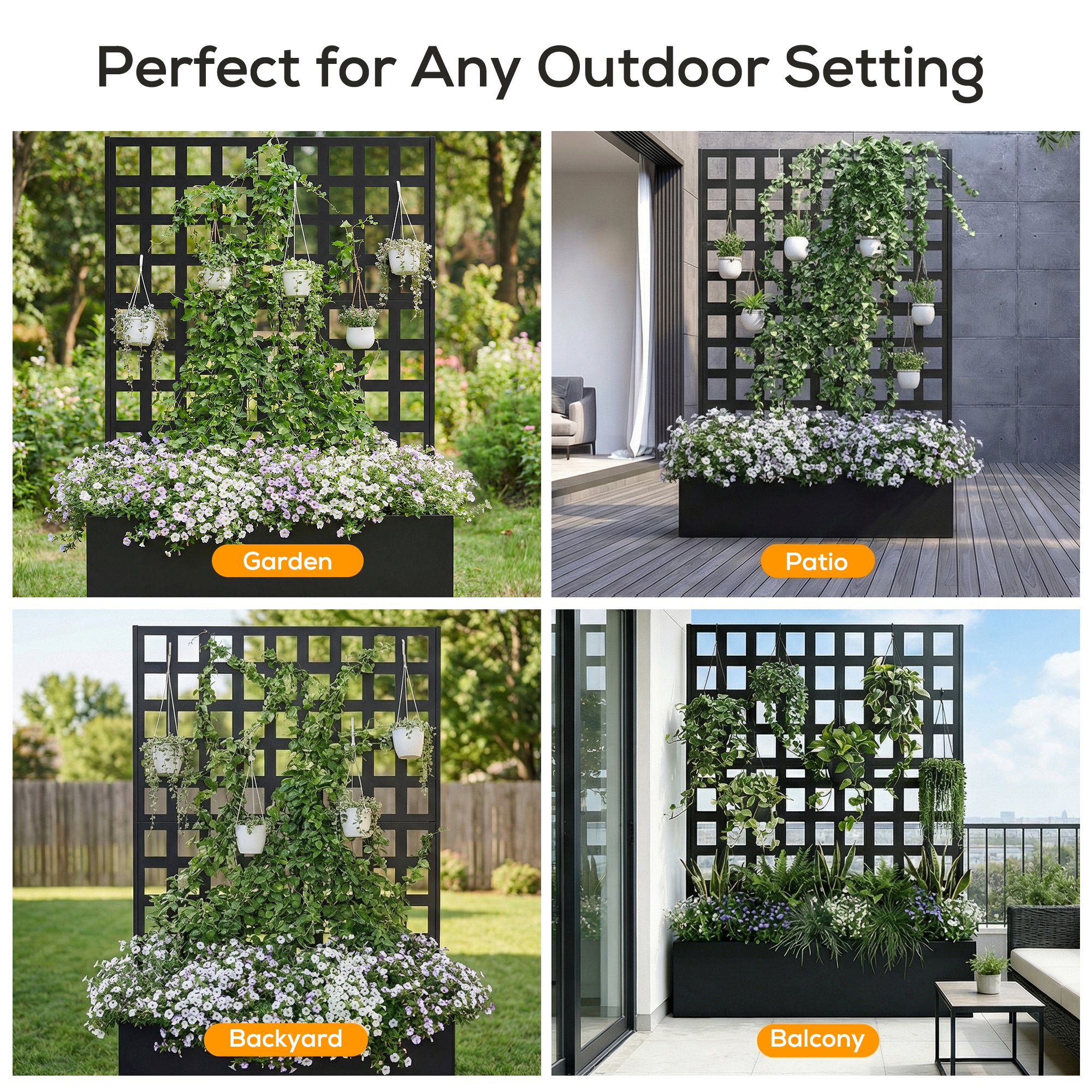 Black lattice screen with planters displaying flowers in various outdoor settings.