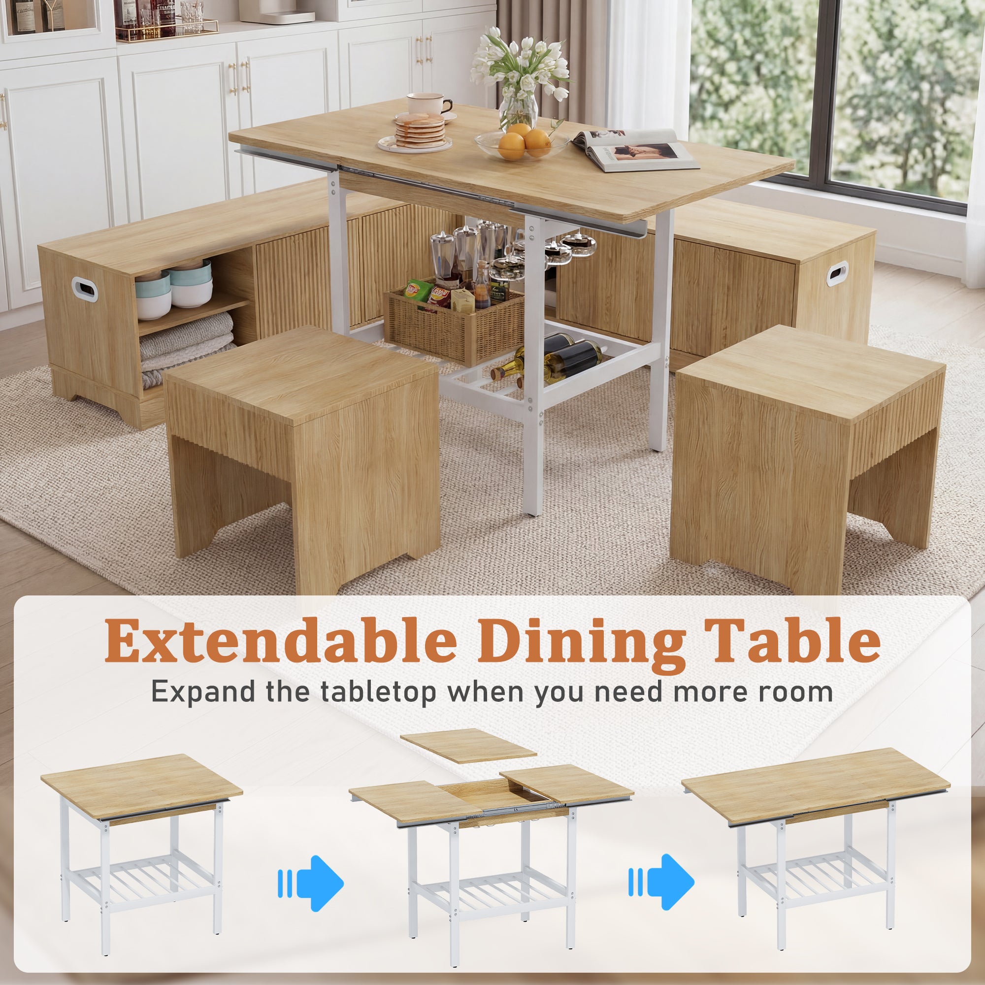 Extendable dining table with stools in a kitchen setting