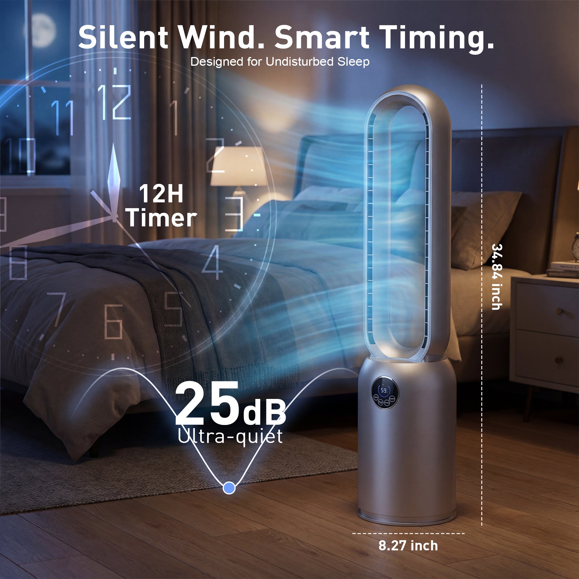 Silent wind air purifier with features highlighted in a bedroom setting