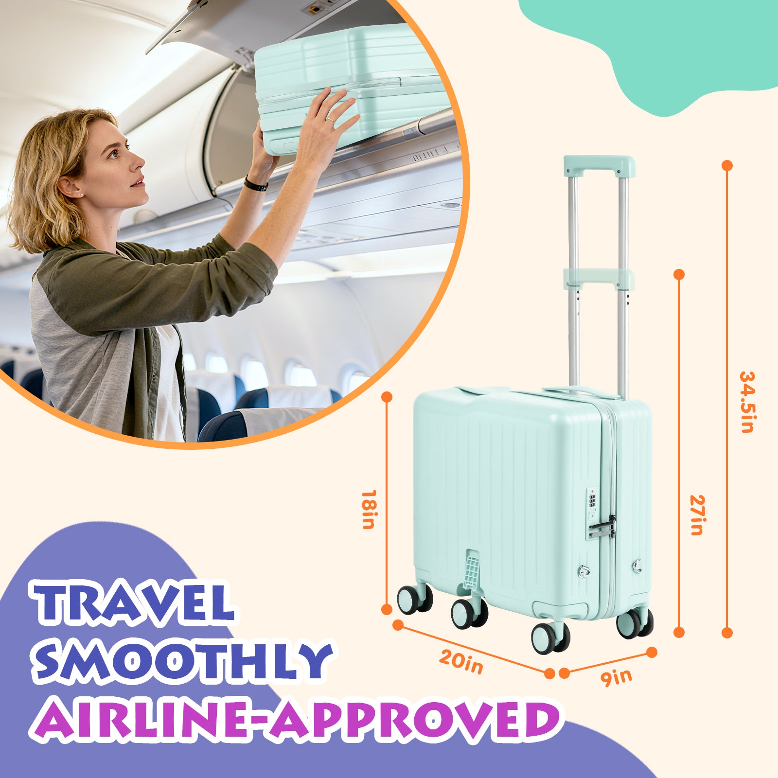 Light blue suitcase with dimensions and an inset of a person using overhead compartment on an airplane.