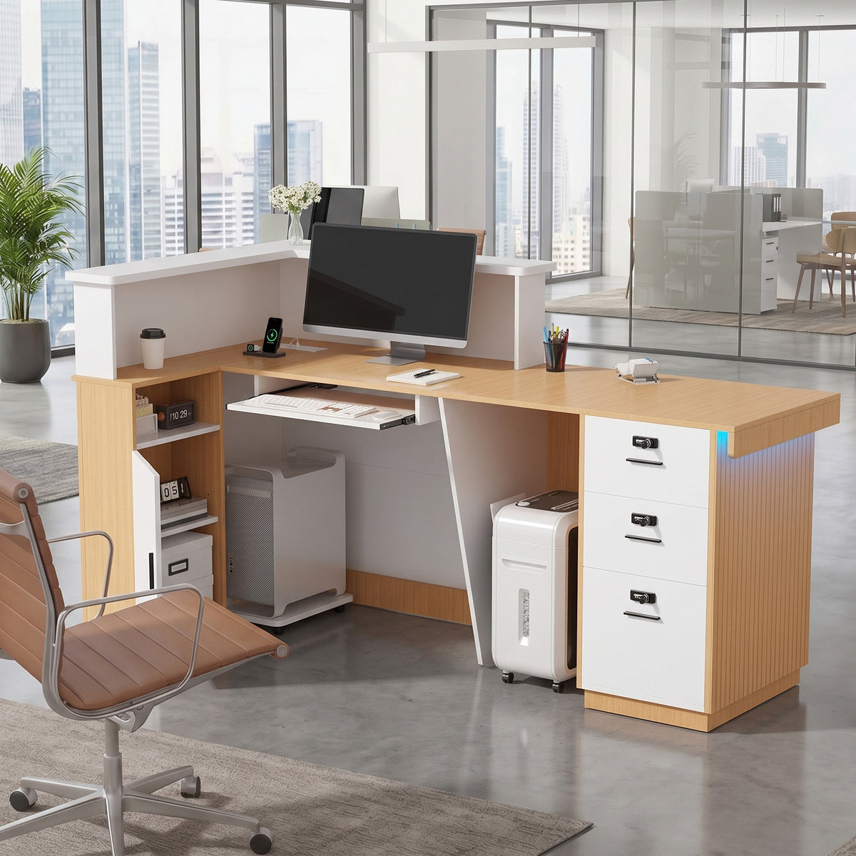 Advwin L-Shape Fluted Reception Desk w/ Counter & LED