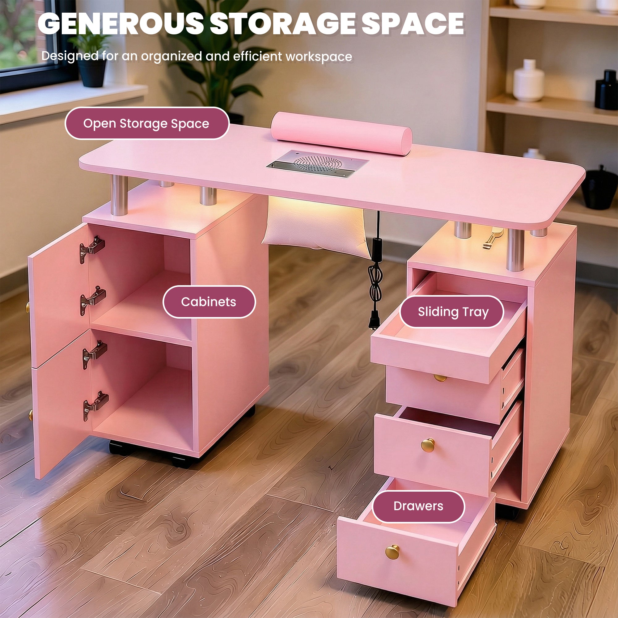 Advwin Nail Table w/ Dust Collector & Lockable Wheels Pink