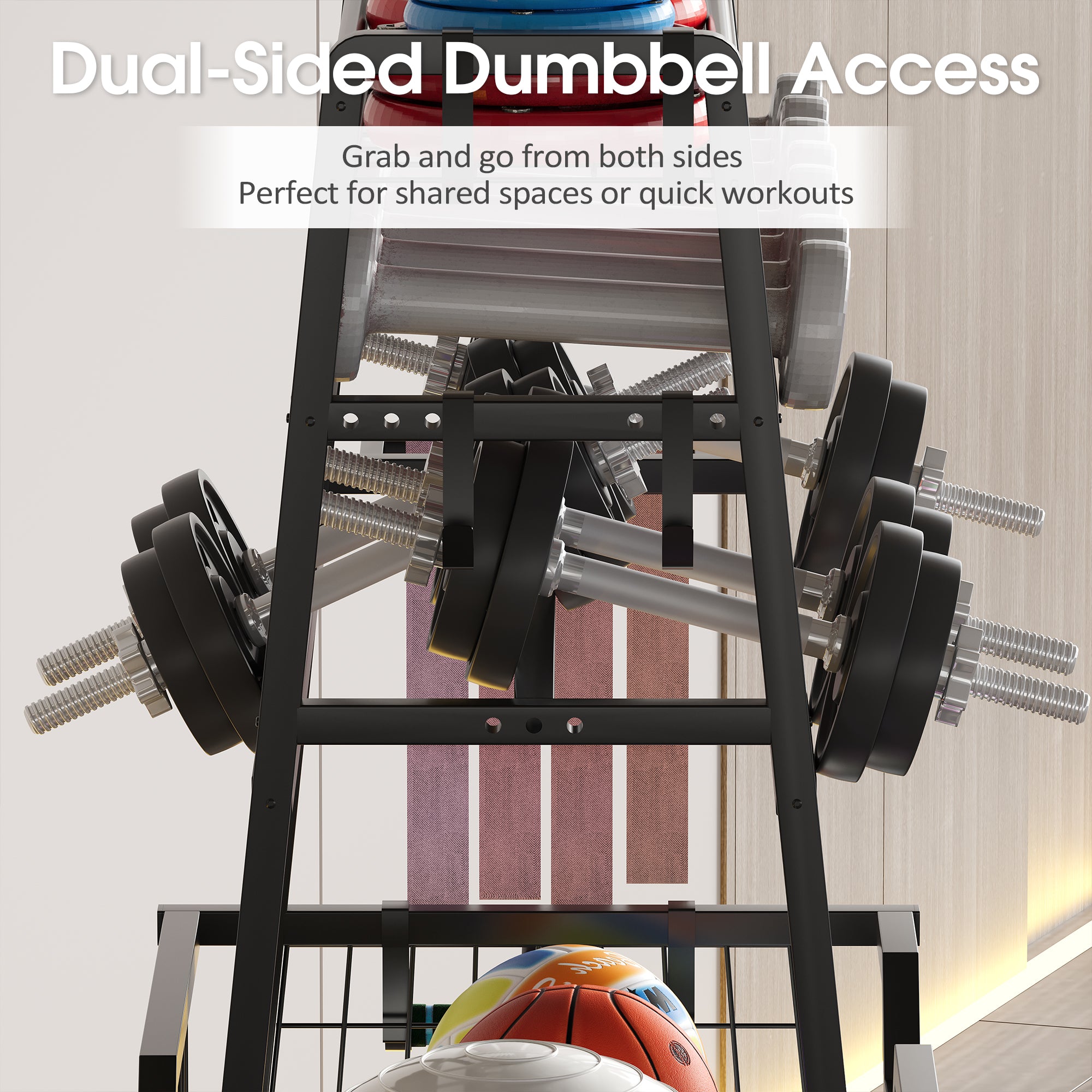 Dumbbell rack with dumbbells on a light background, labeled 'Dual-Sided Dumbbell Access'.