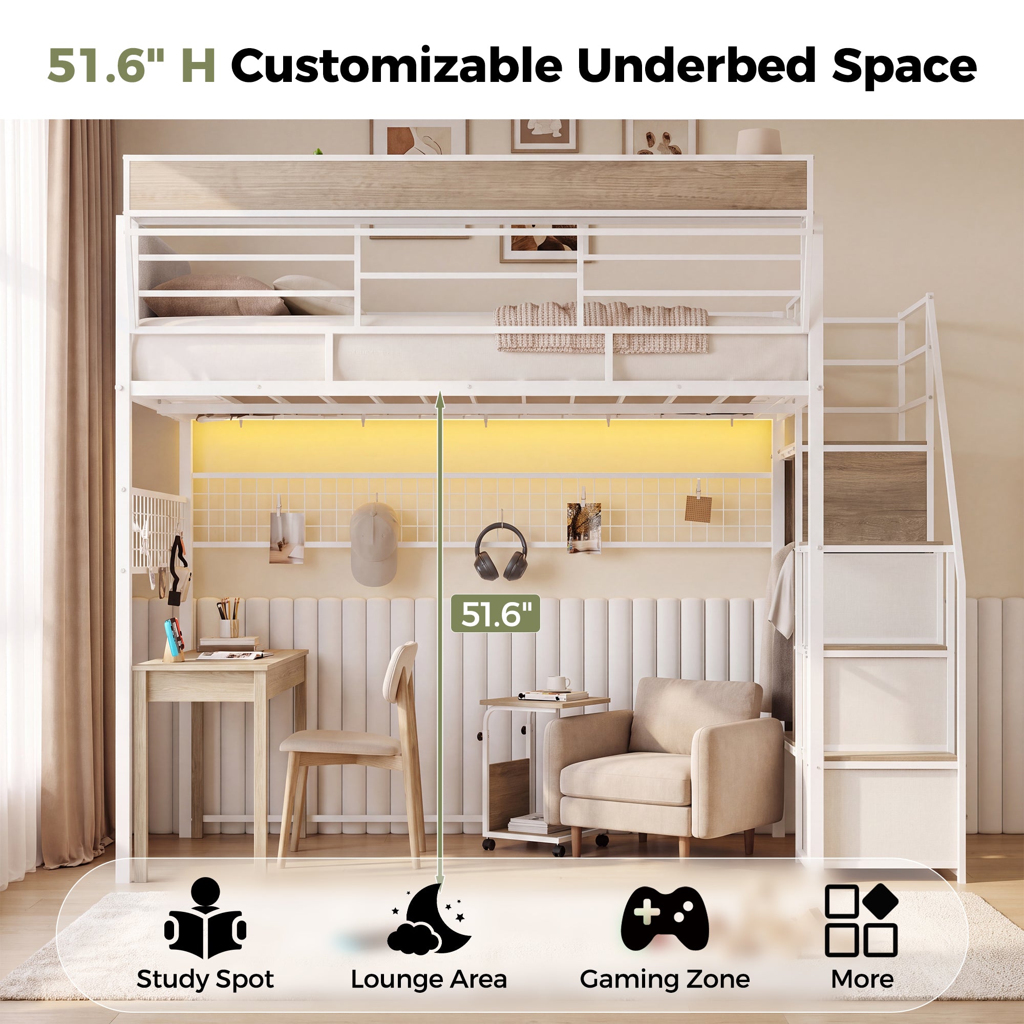 Advwin Loft Bed w/ Stairs, Storage and LED Light