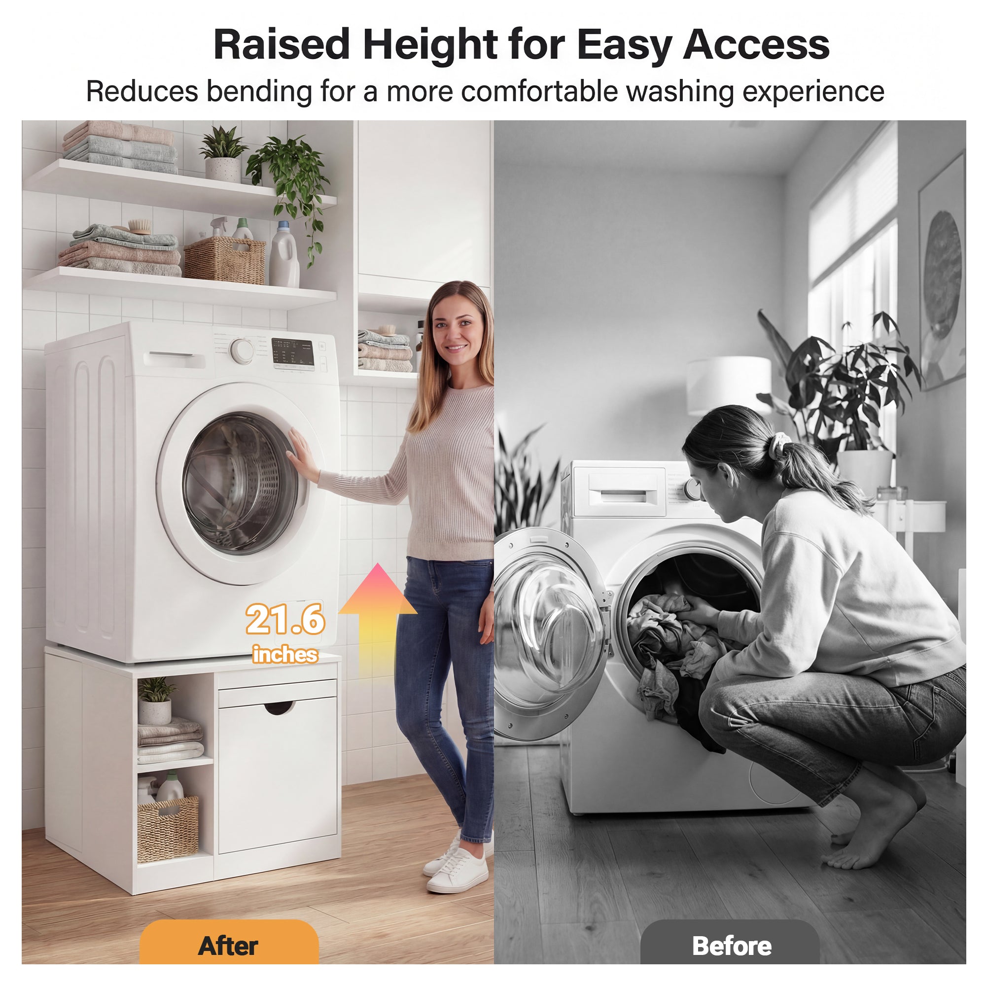 Comparison of a washing machine with raised height feature and a woman using it, with text indicating ease of access.