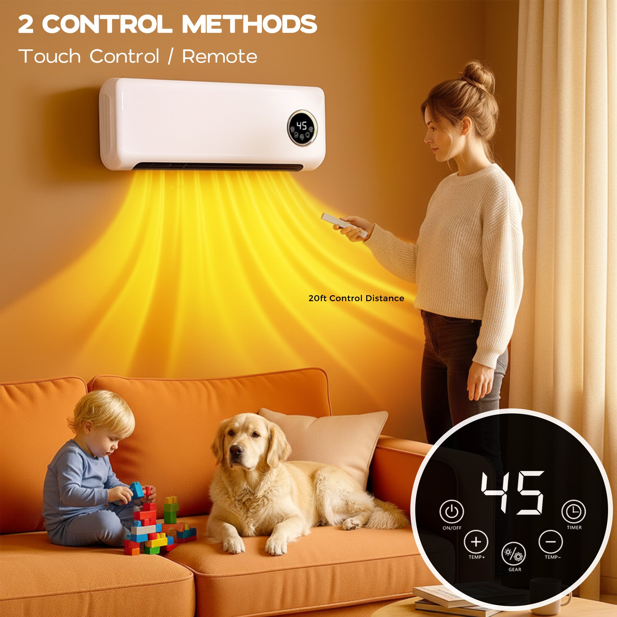 Woman controlling a wall-mounted air conditioner with a remote, with a child and dog on an orange couch.
