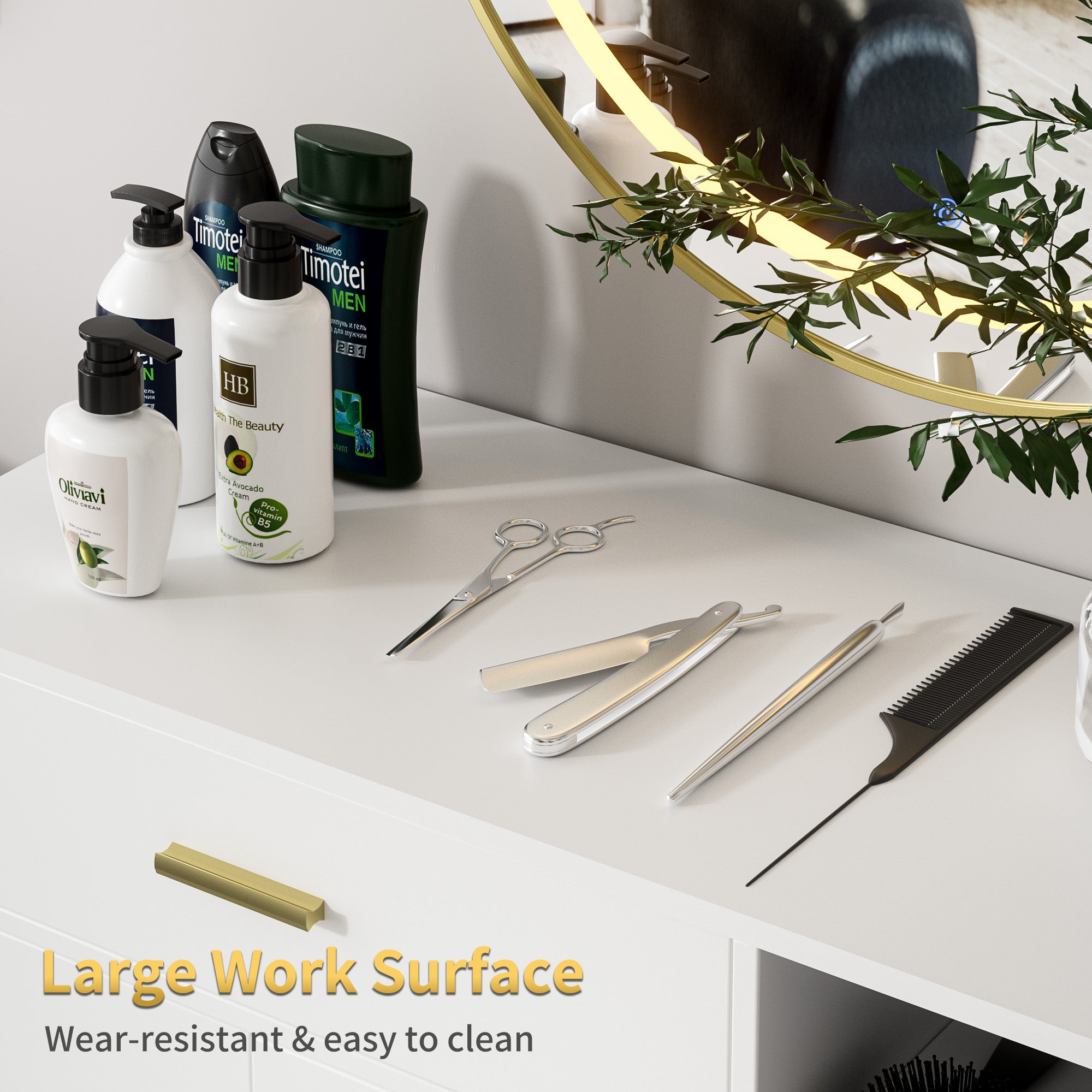 Cosmetic products and tools on a white surface with a mirror and plant in the background.