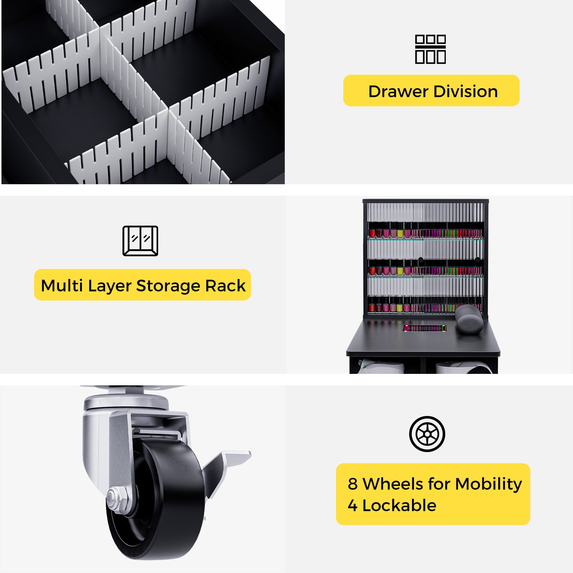 Advwin Nail Table with Glass Door Cabinets & Wheels