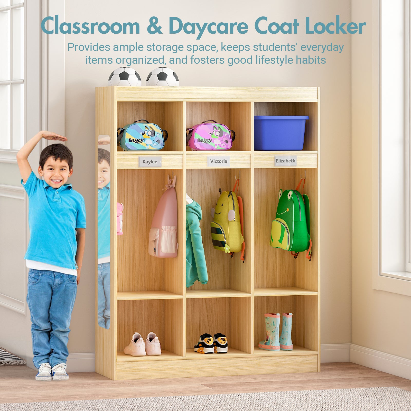 Wooden coat locker with children's items in a classroom or daycare setting