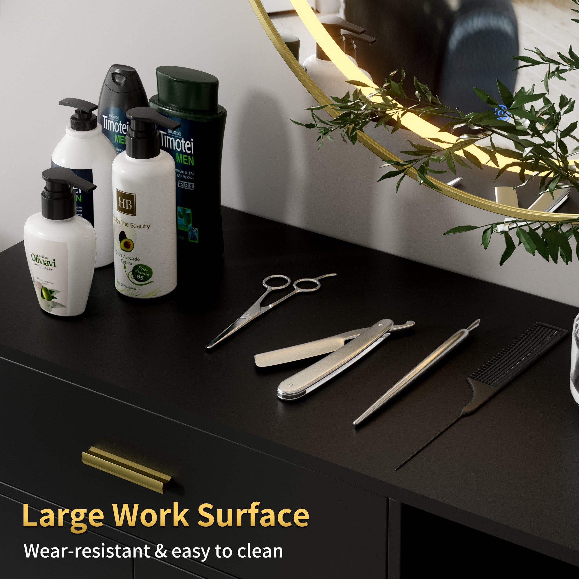 Black vanity table with grooming products and tools on a white background