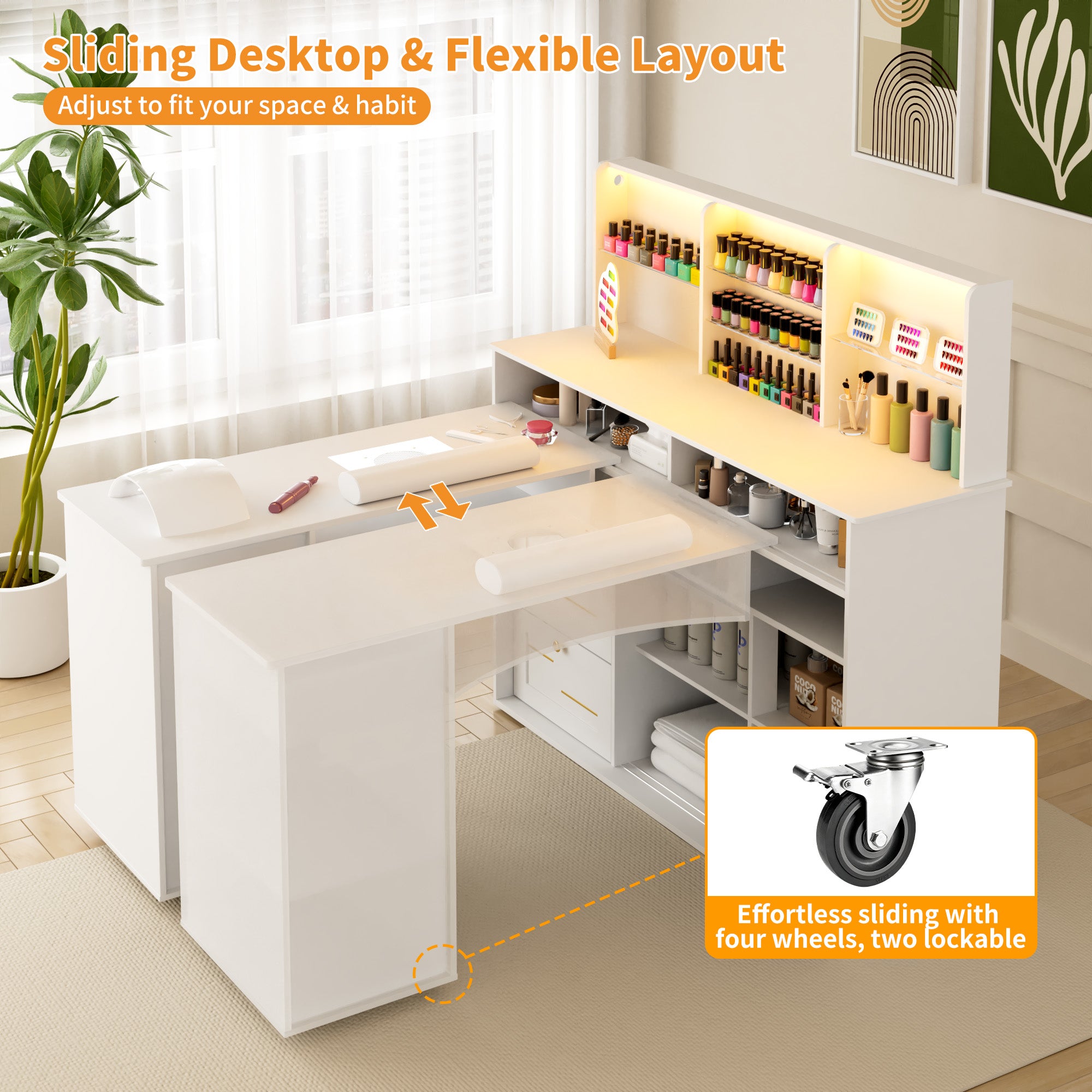 White L-shaped desk with sliding desktop and flexible layout in a room with plants and books.