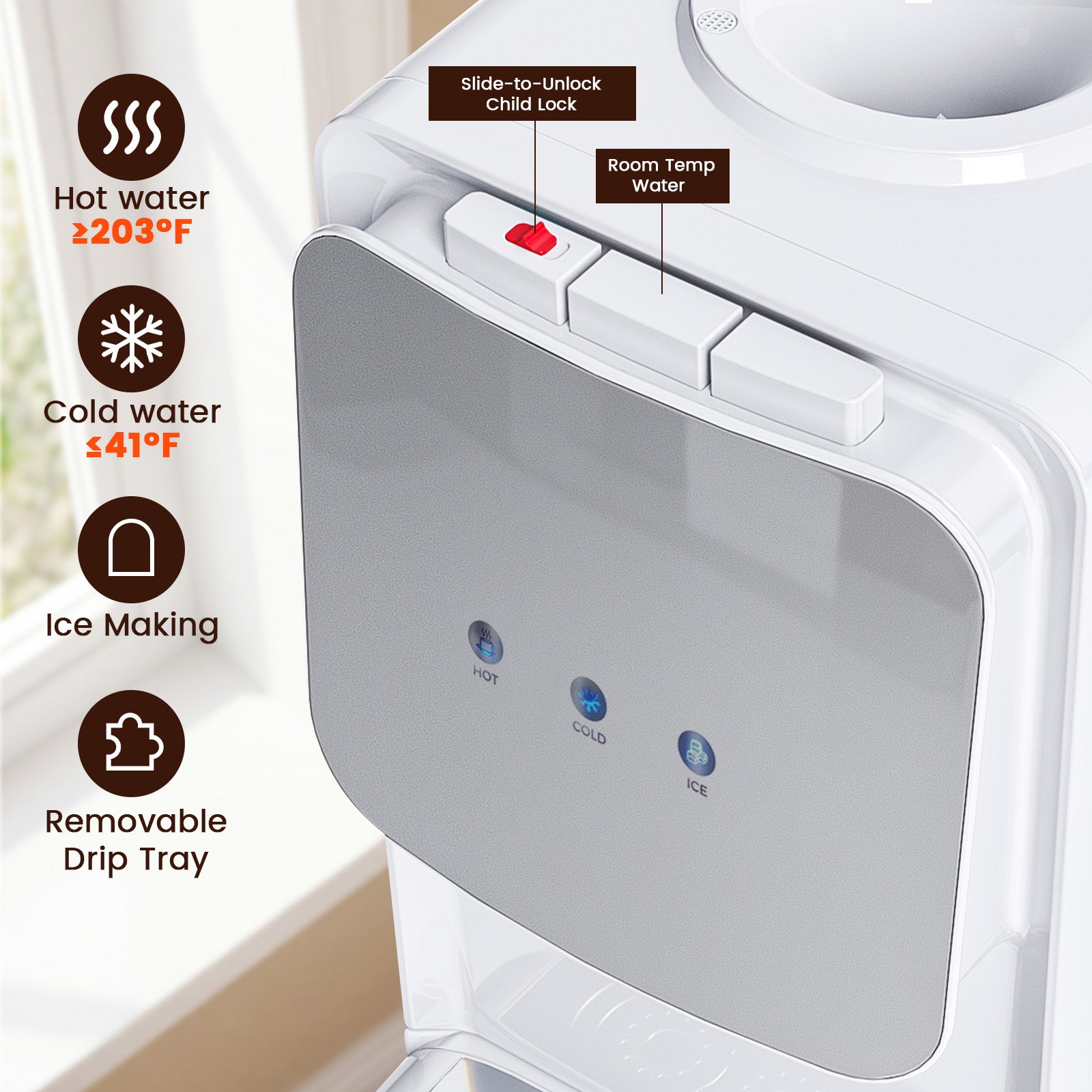 Hot and cold water dispenser with features highlighted on a white background