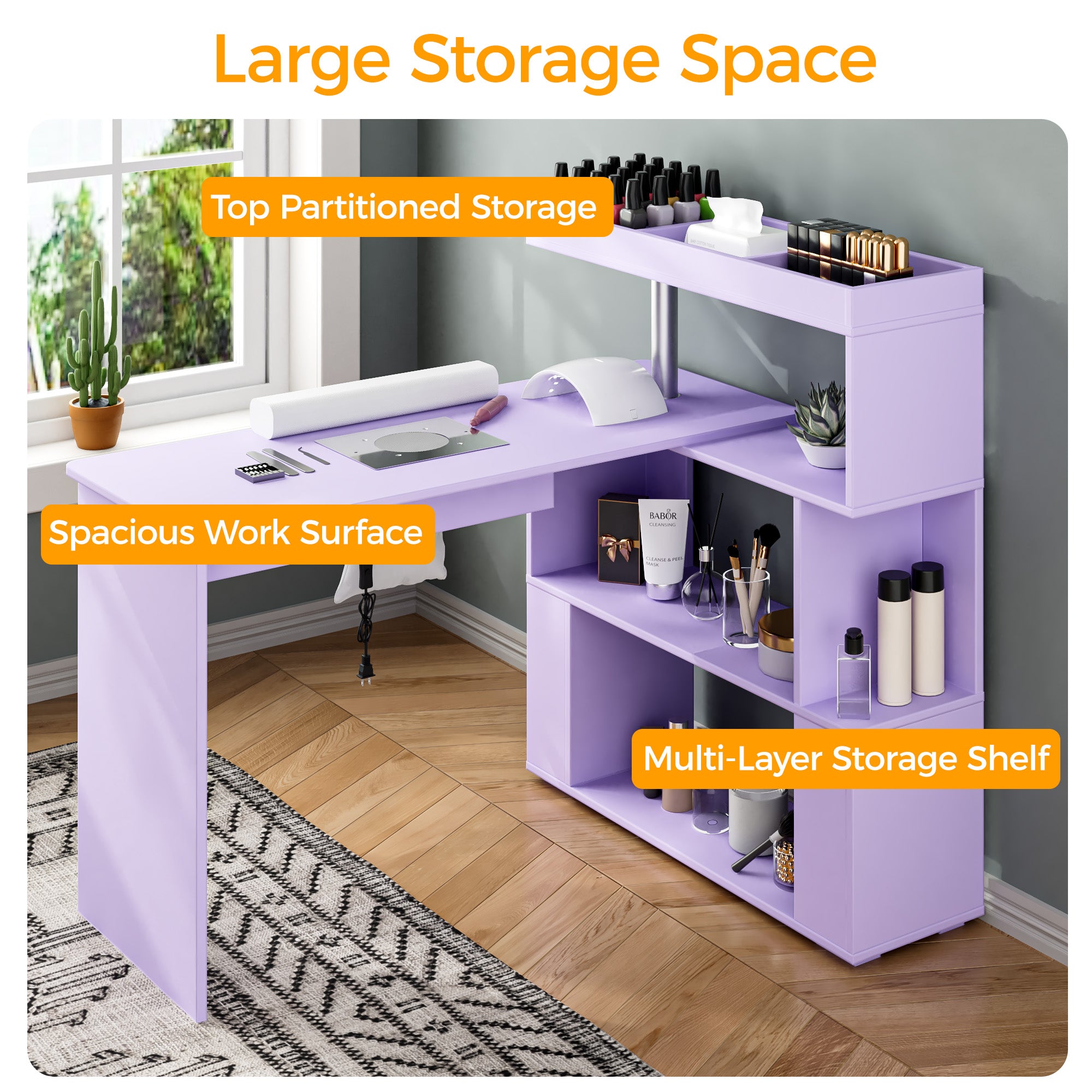 Advwin L-Shaped Rotating Nail Desk with Dust Collector Purple