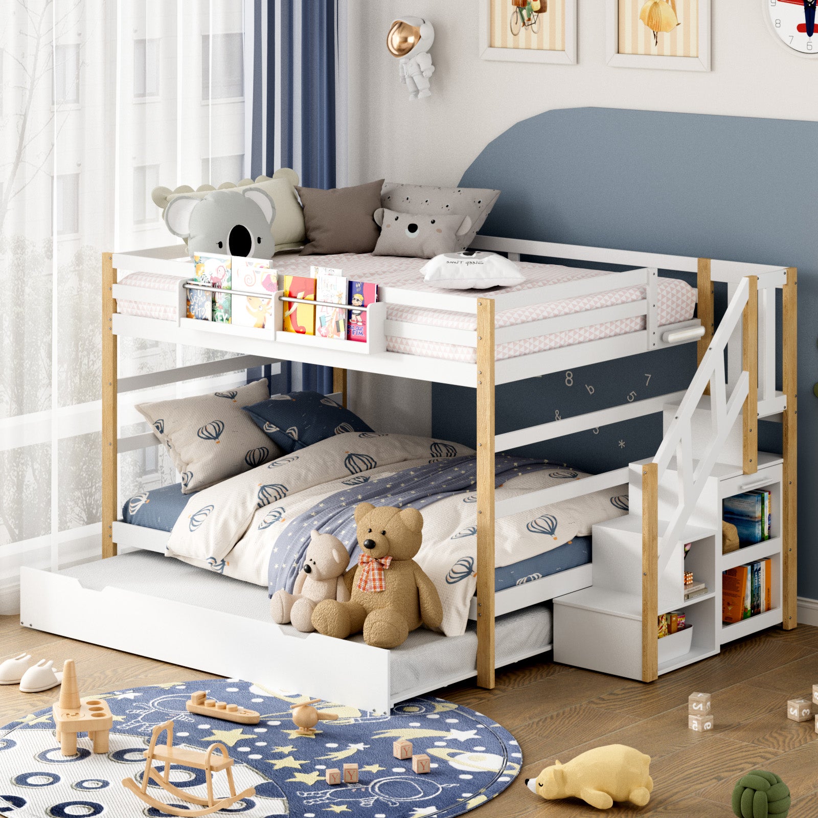 Children's bedroom with a white and wood bunk bed, toys, and a rug.