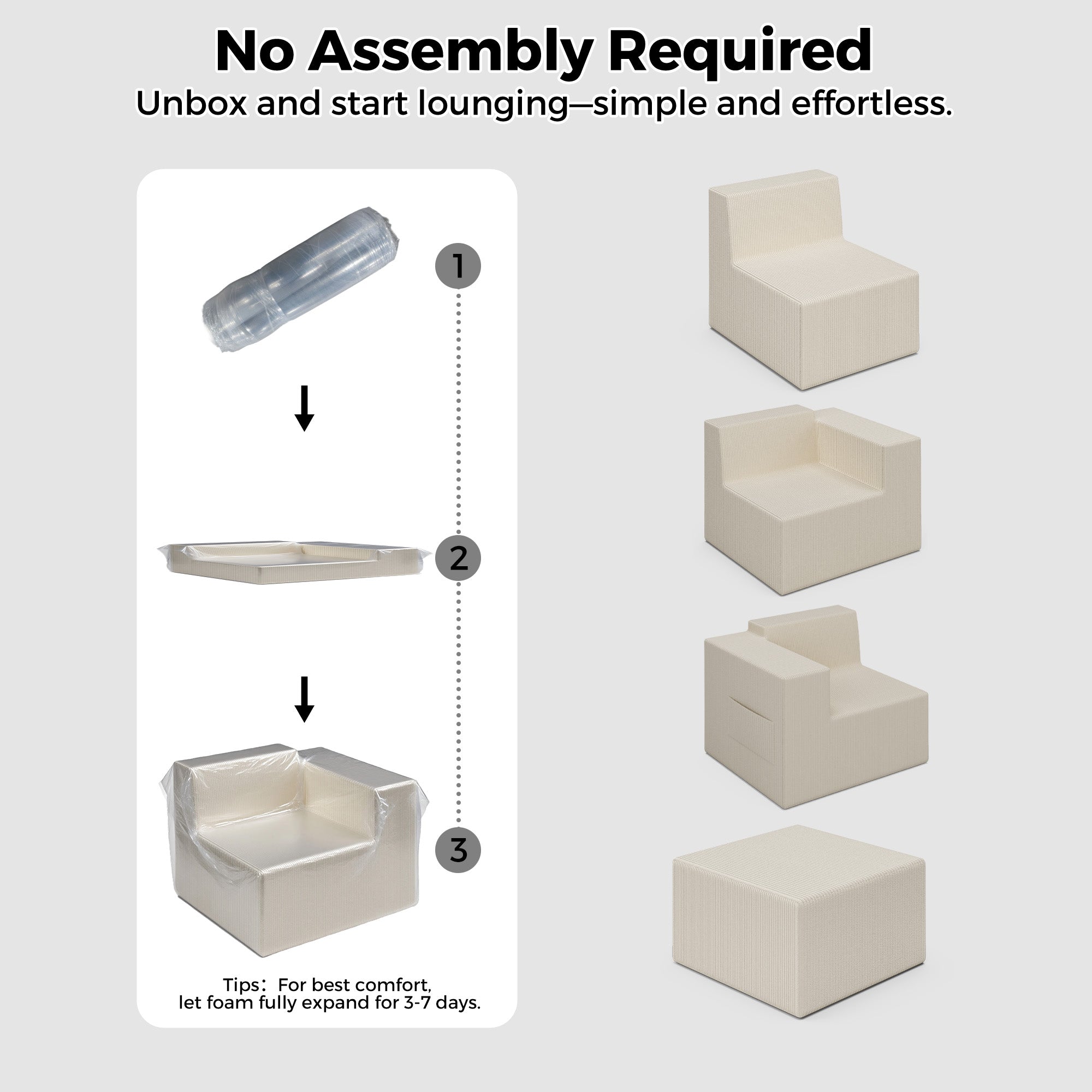 Step-by-step assembly guide for a beige lounge chair with text indicating 'No Assembly Required'.