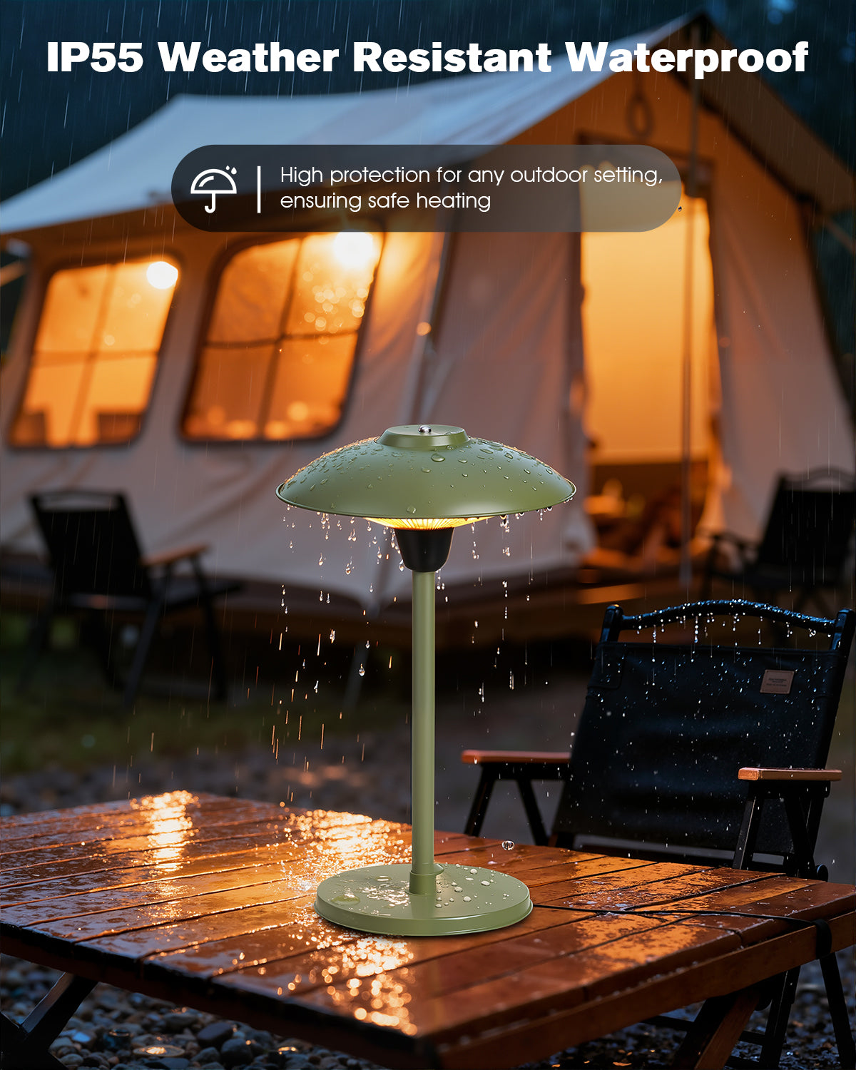 Outdoor table lamp with rain cover on a wooden table in front of a tent, highlighting weather resistance.