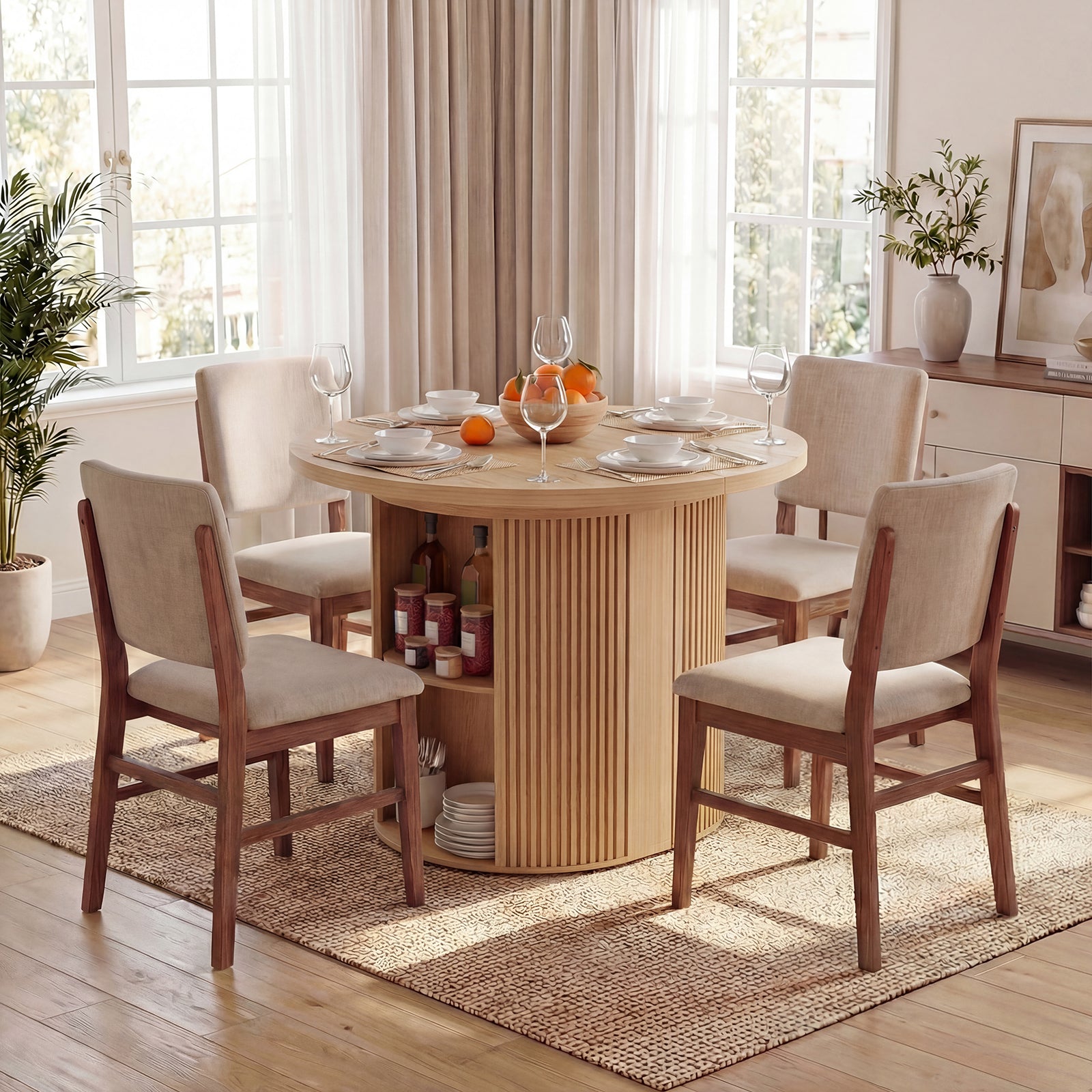 Dining room with a round wooden table and chairs, set for a meal.