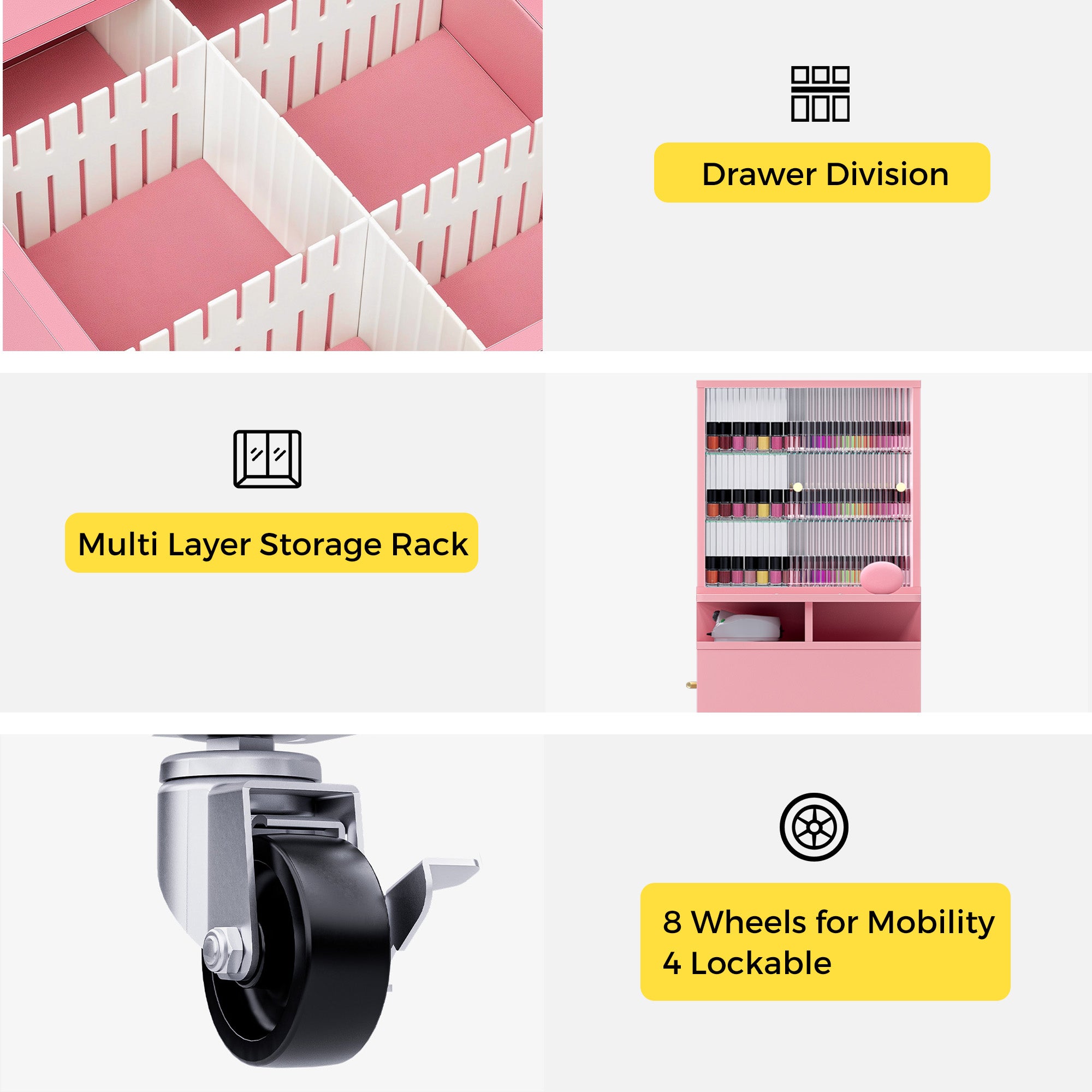 Advwin Nail Table with Glass Door Cabinets & Wheels