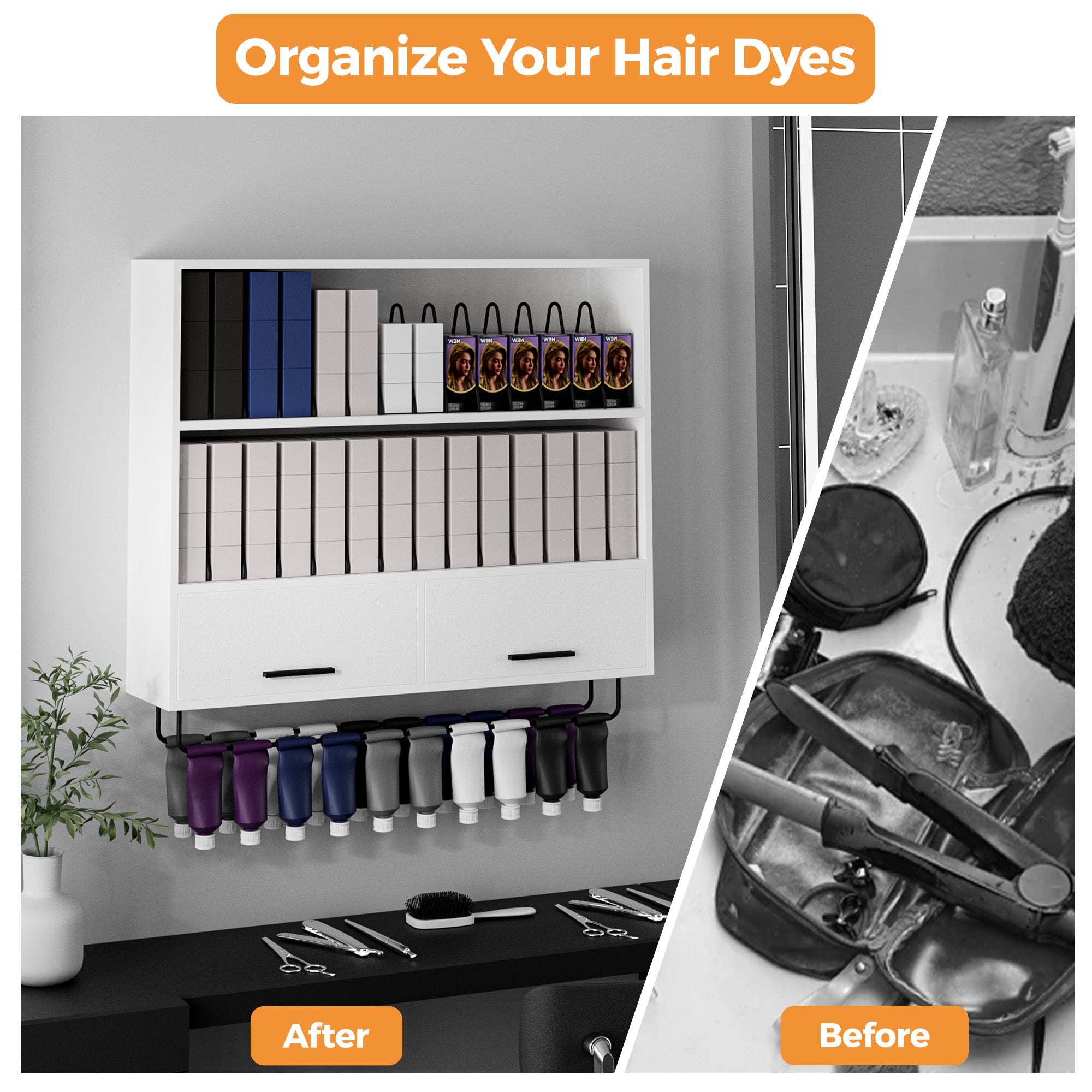 Hair dye organizer with bottles on a wall, before and after comparison.