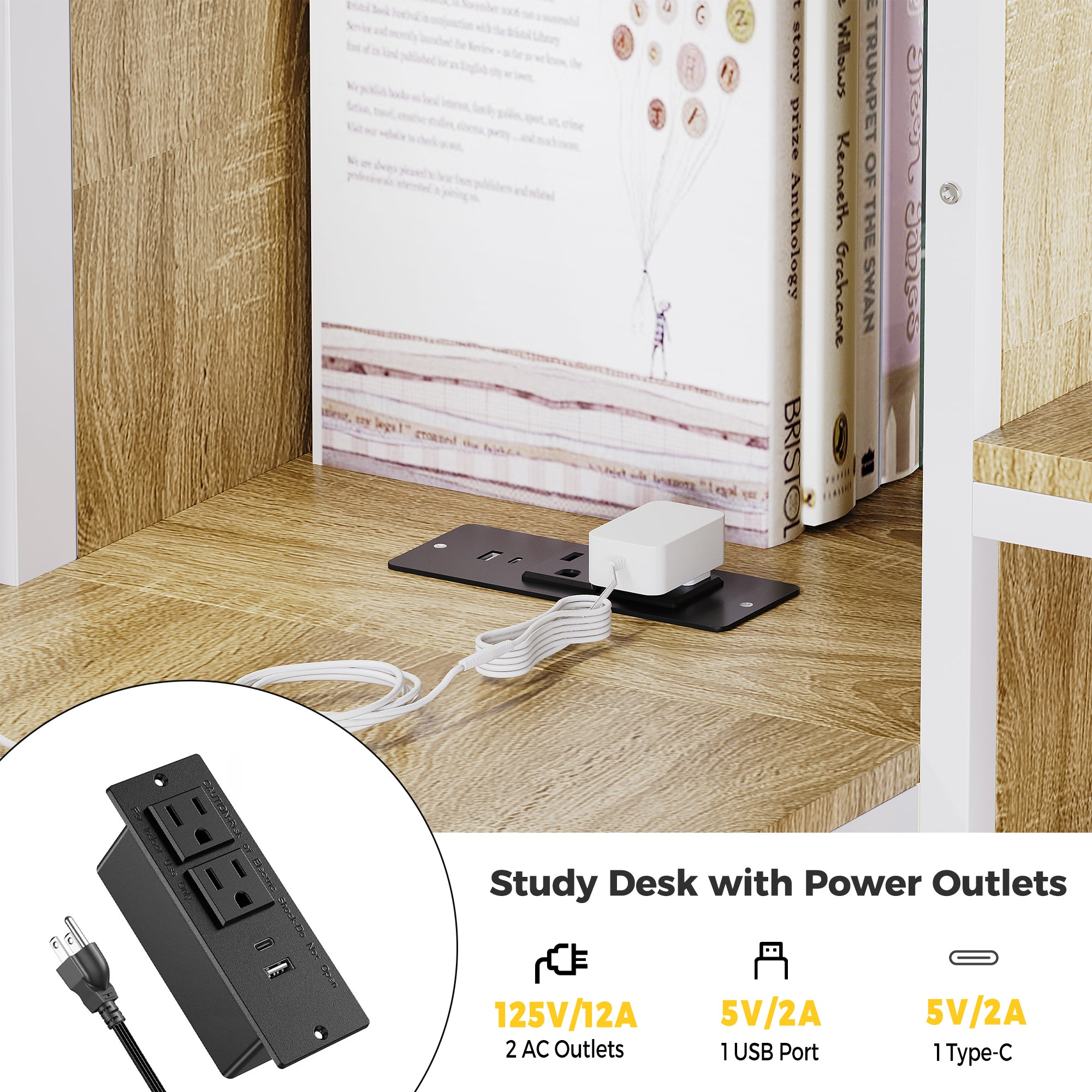 Study desk with power outlets and books on a wooden shelf