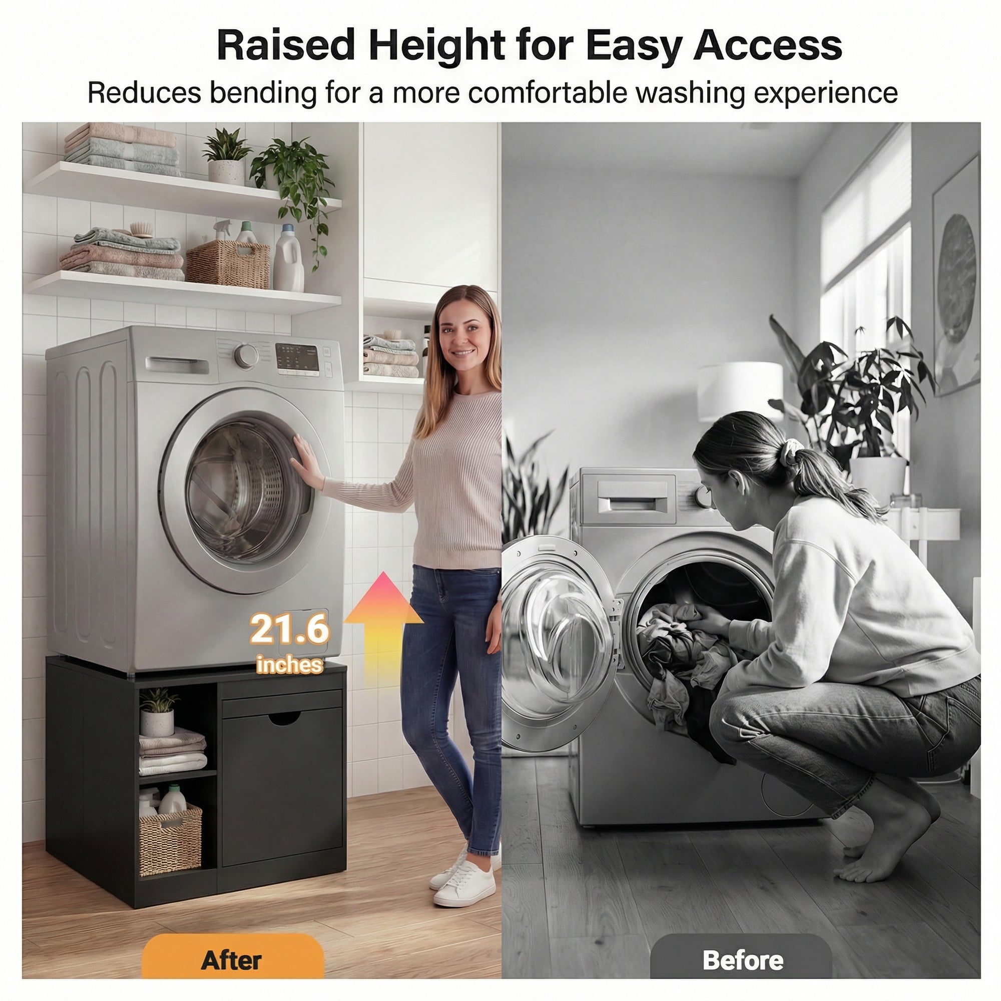 Laundry room with a raised height washing machine and a woman using it, highlighting comfort and ease of access.