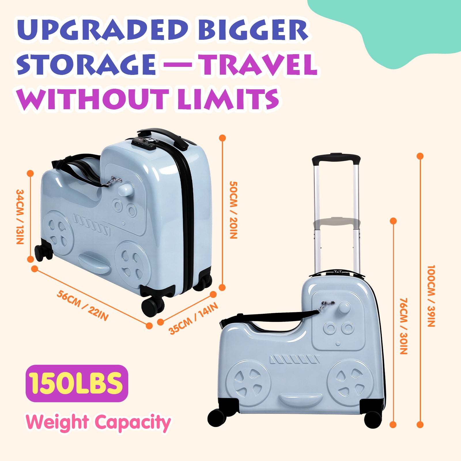 Light blue suitcases with dimensions and weight capacity on a beige background