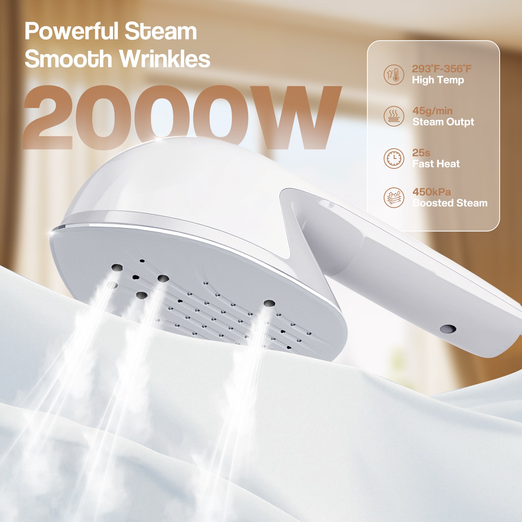 White shower head with steam feature and text highlighting power and features on a white background