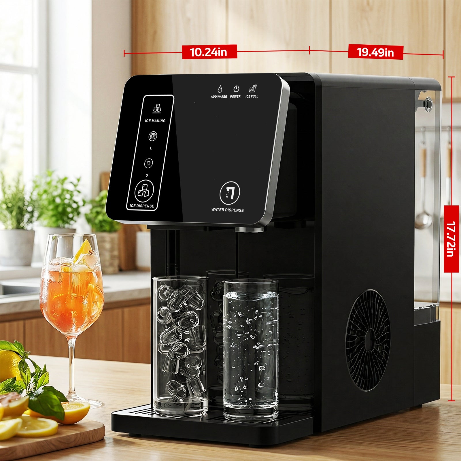 Black water dispenser with dimensions displayed on a kitchen counter.