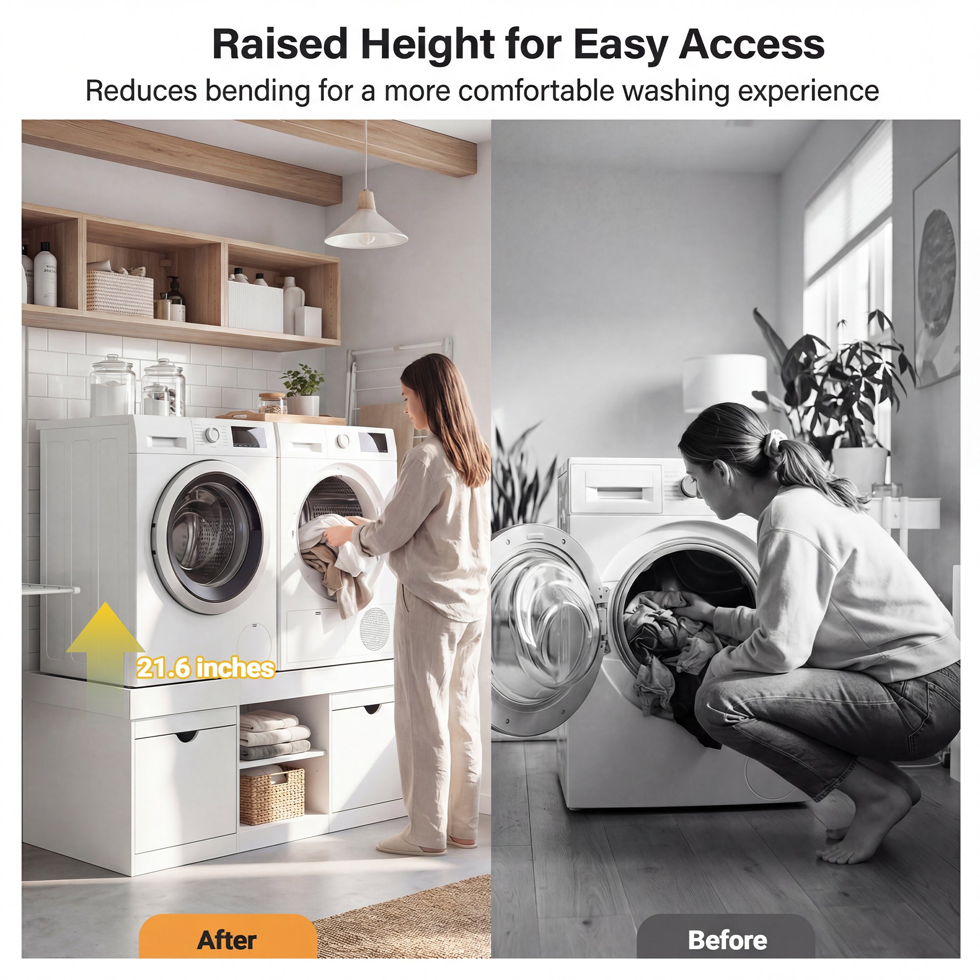 Before and after comparison of a laundry room with raised height for easy access.