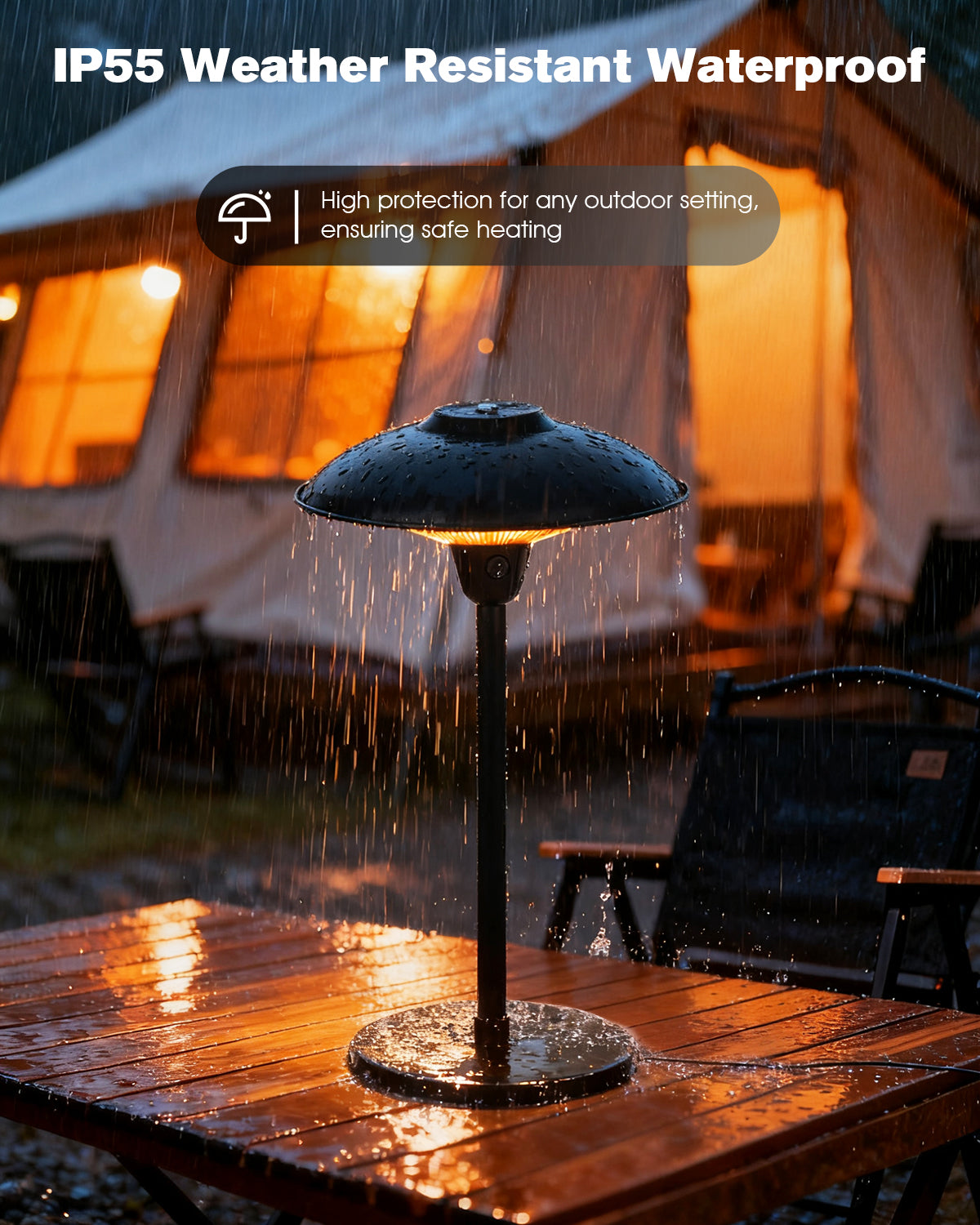 Outdoor heater on a table with raindrops, surrounded by tents in the background.