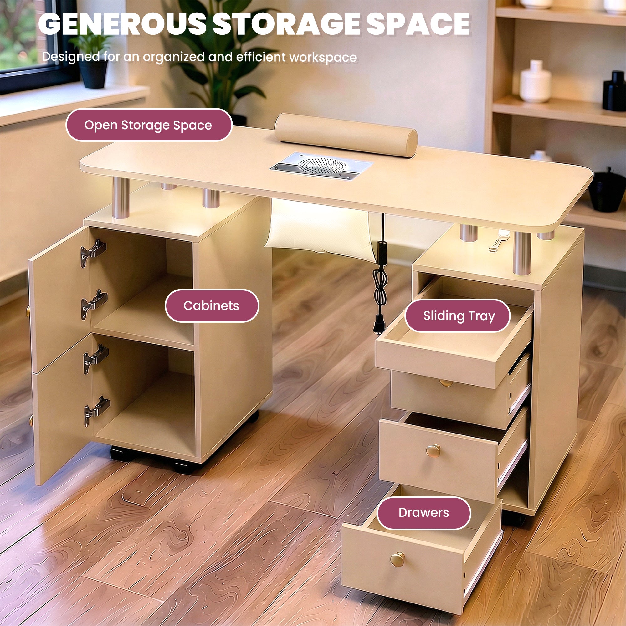 Advwin Nail Table w/ Dust Collector & Lockable Wheels Gold