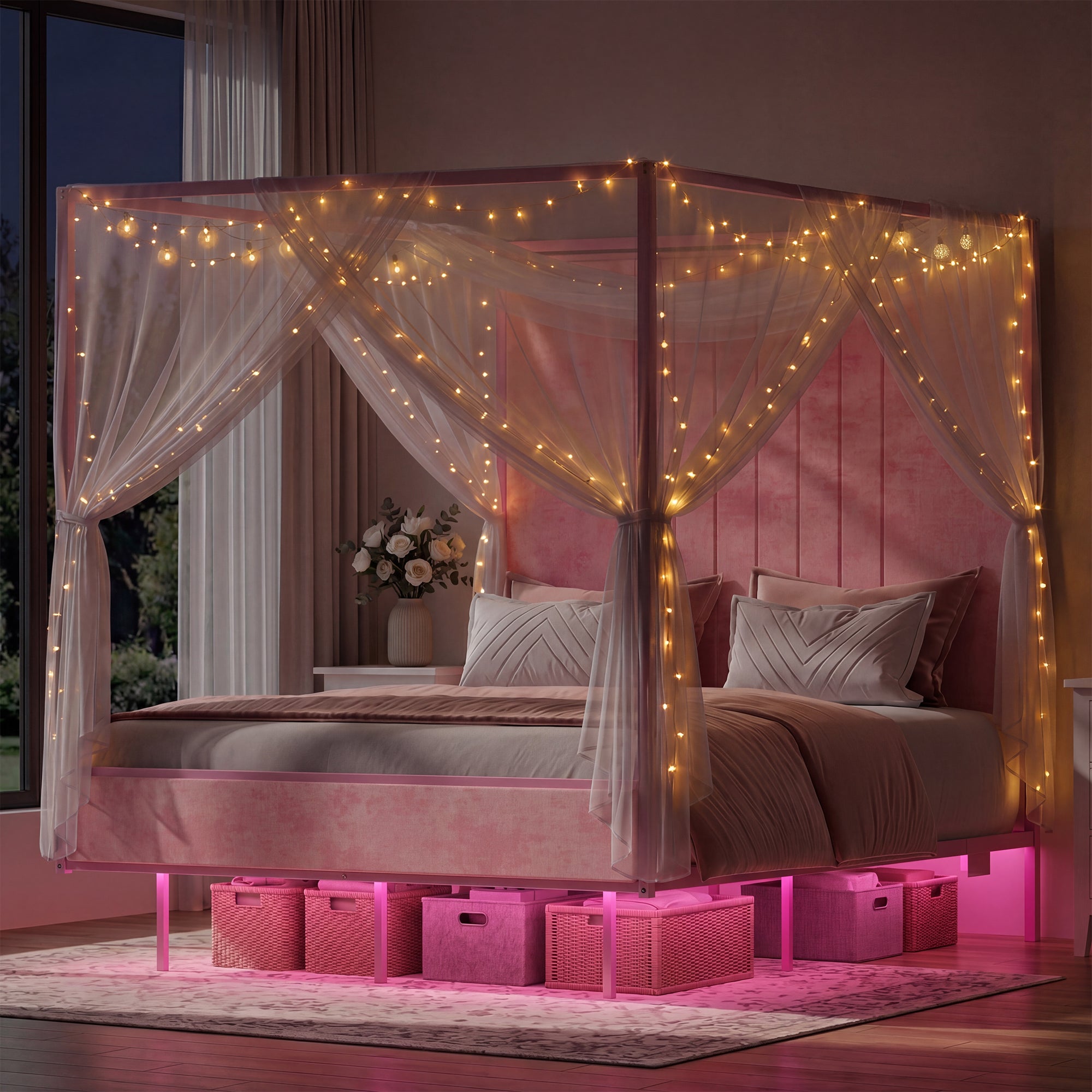 Advwin Canopy Bed Frame with RGB LED Strip Lights